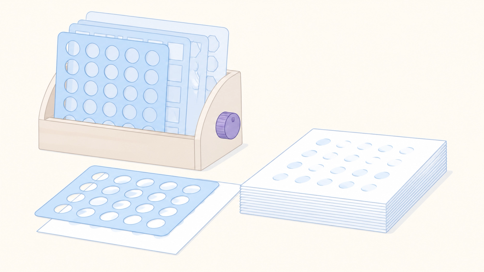 A rack of reusable stencil templates beside a stencil laid over a sheet of paper and a stack of finished sheets with the same dot pattern.