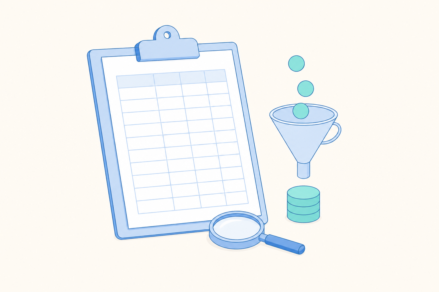 A clipboard with a blank table, a small funnel with round tokens dropping through it, and a magnifying glass
