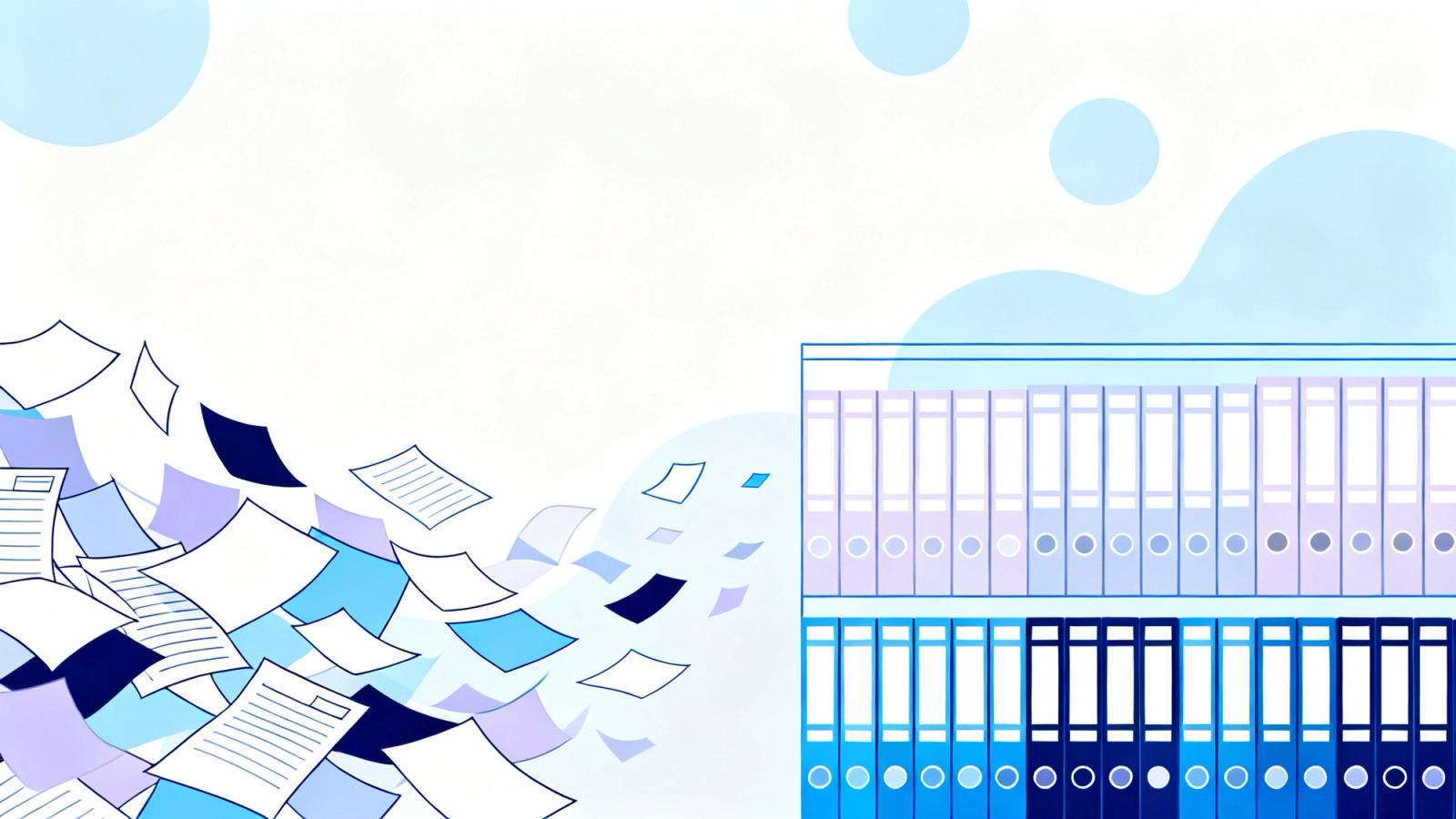 Scattered loose papers resolving into neatly aligned folders, illustrating structured versus unstructured data.