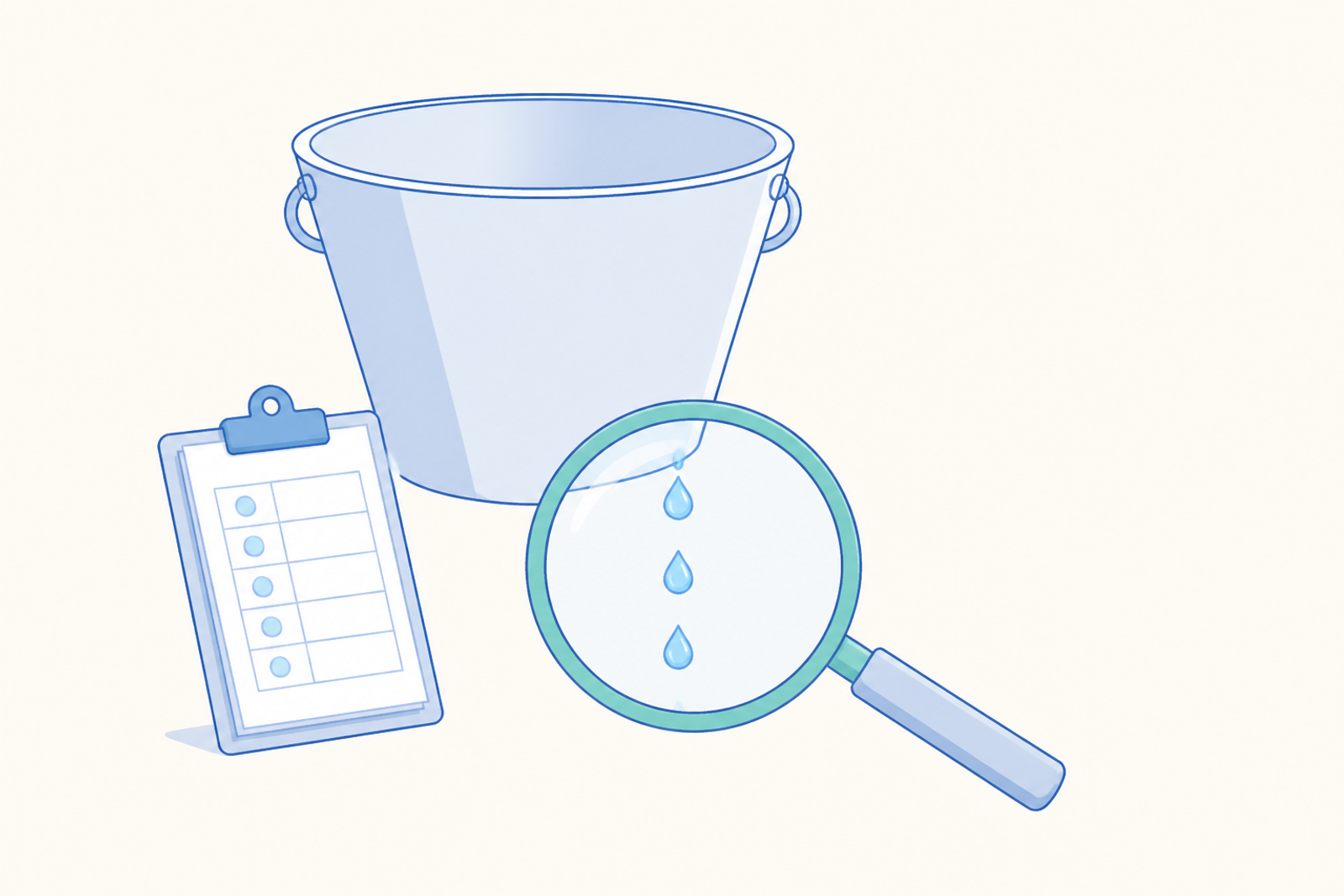 A bucket with drops slipping away, examined under a magnifier beside a checklist clipboard