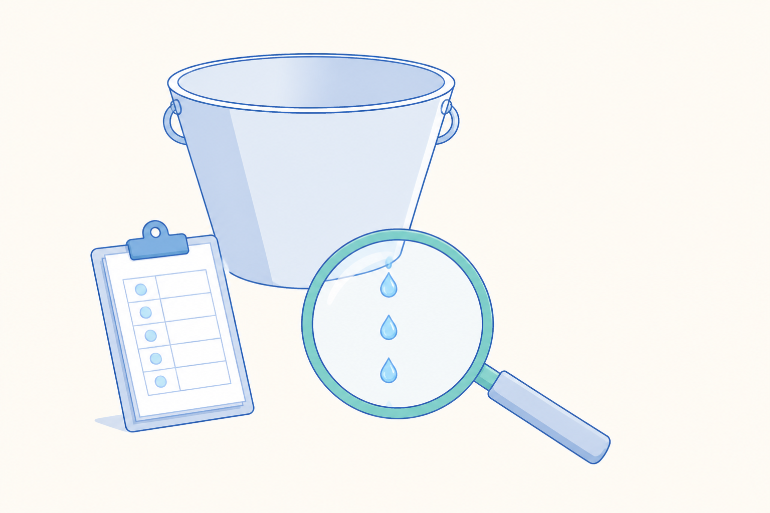A bucket with drops slipping away, examined under a magnifier beside a checklist clipboard