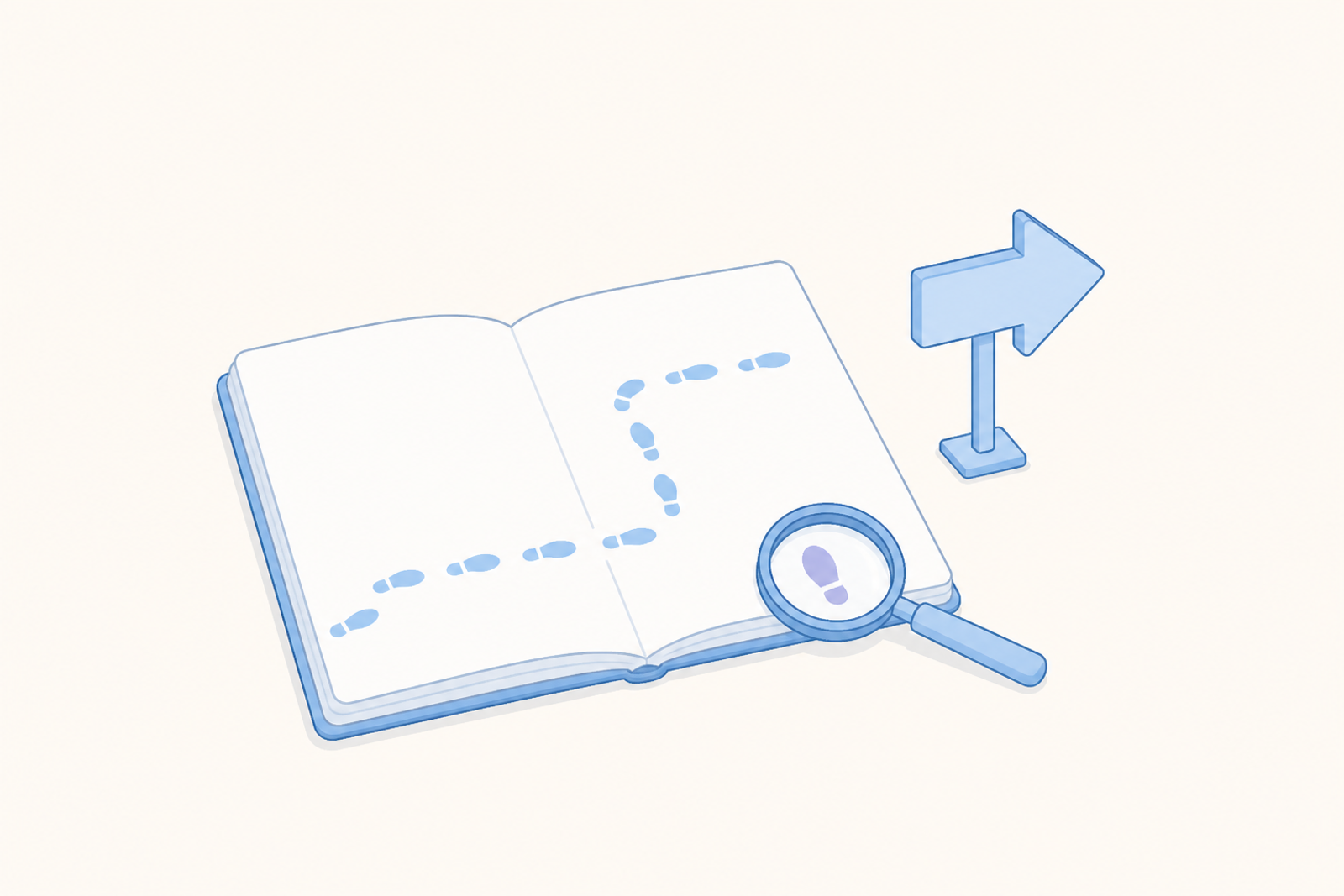 An open notebook with a trail of footprints that turns a corner, a magnifying glass over one footprint, and an arrow sign pointing onward