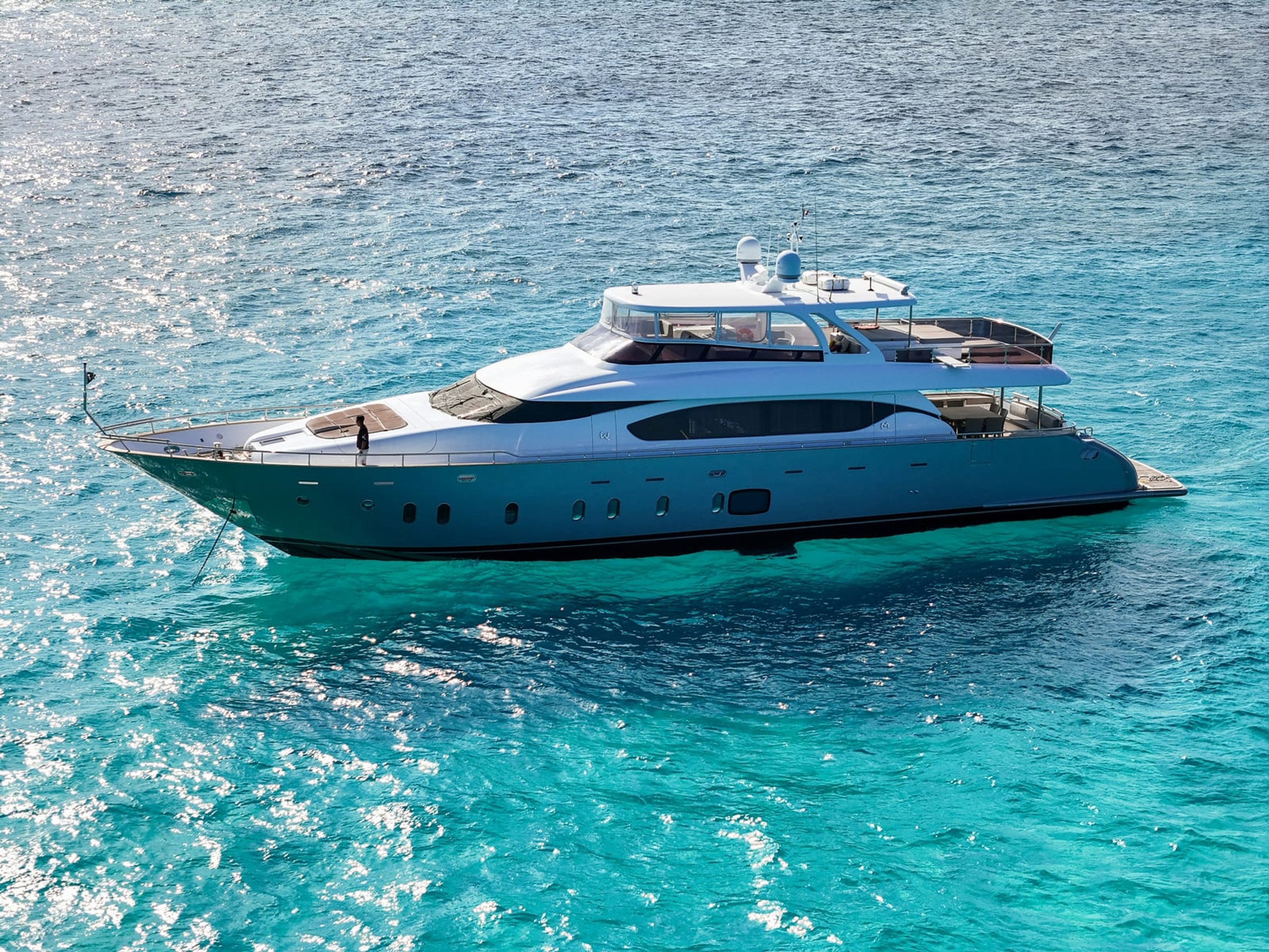 Een motorjacht op helder turquoise water