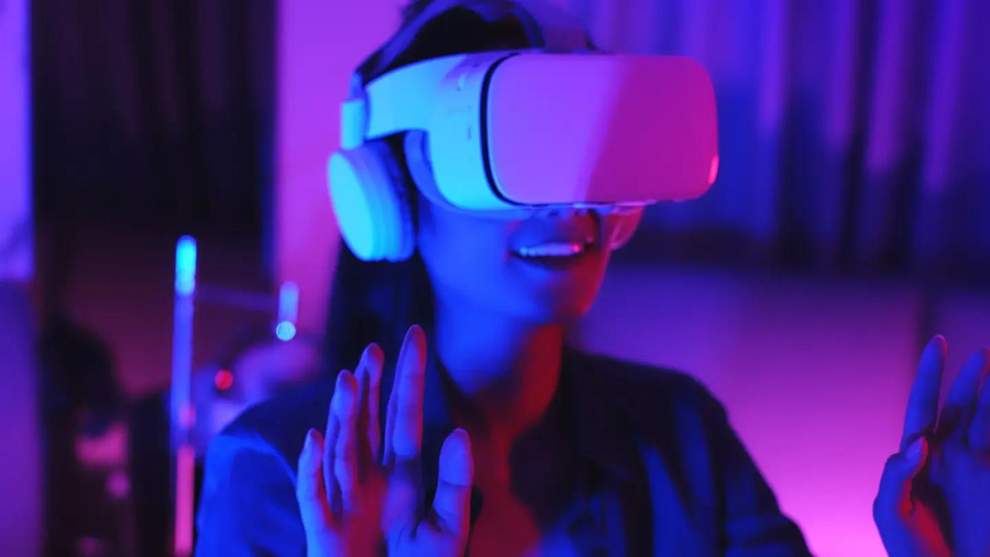 Woman experiencing virtual reality with VR headset