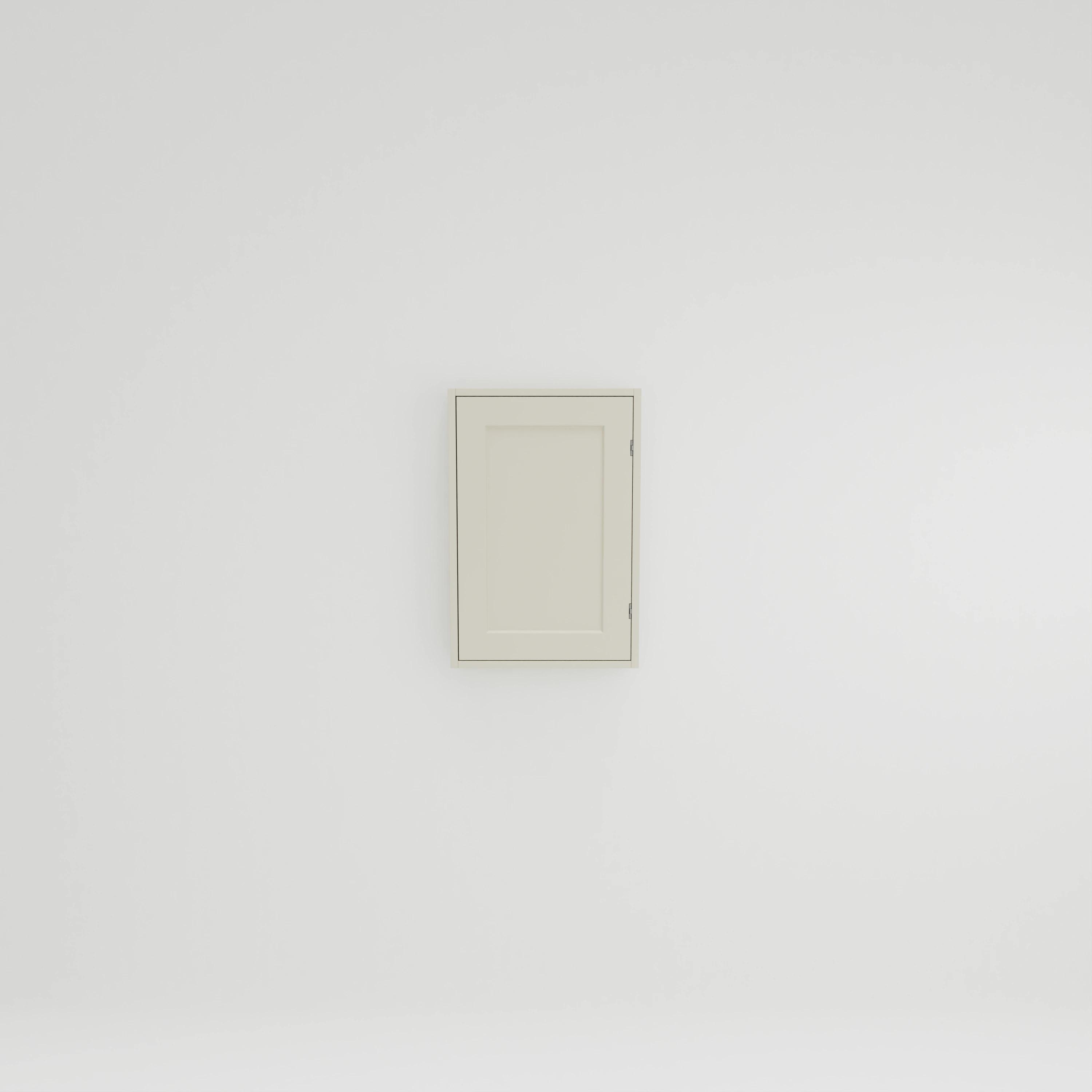 WB531: Wall cupboard for bathroom with two shelves. Exposed hinges. Door hung left.