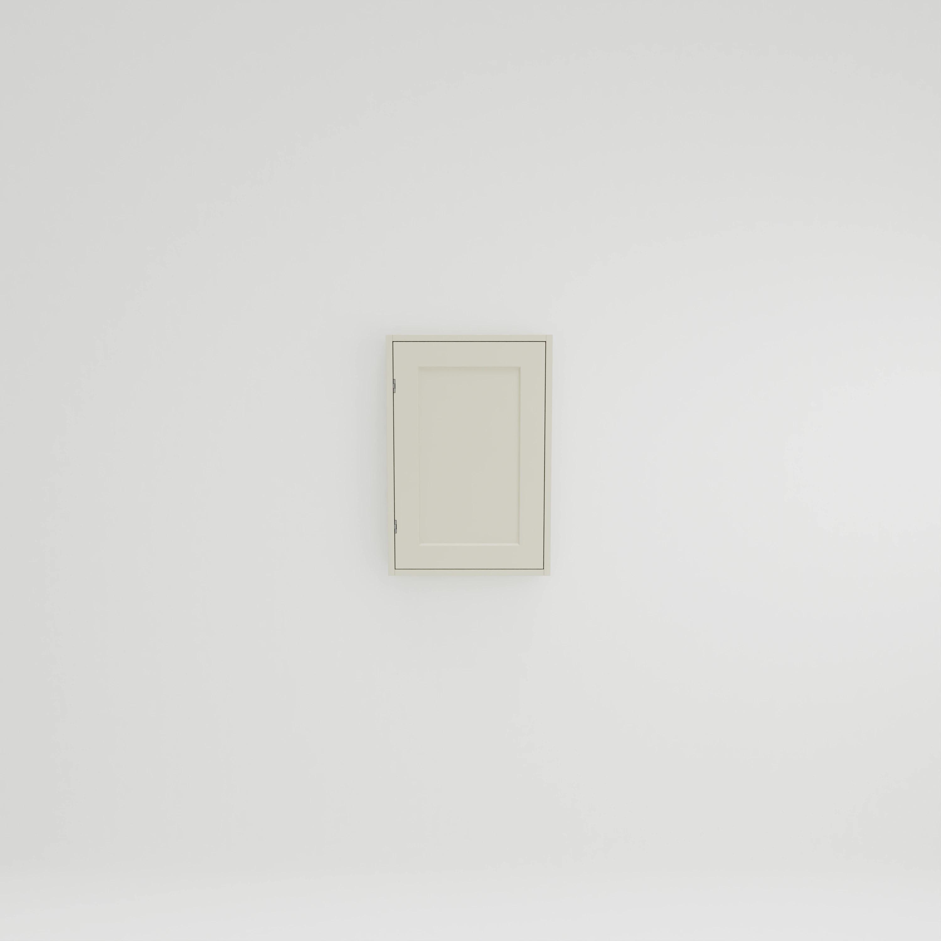 WB532: Wall cupboard for bathroom with two shelves. Exposed hinges. Door hung right.