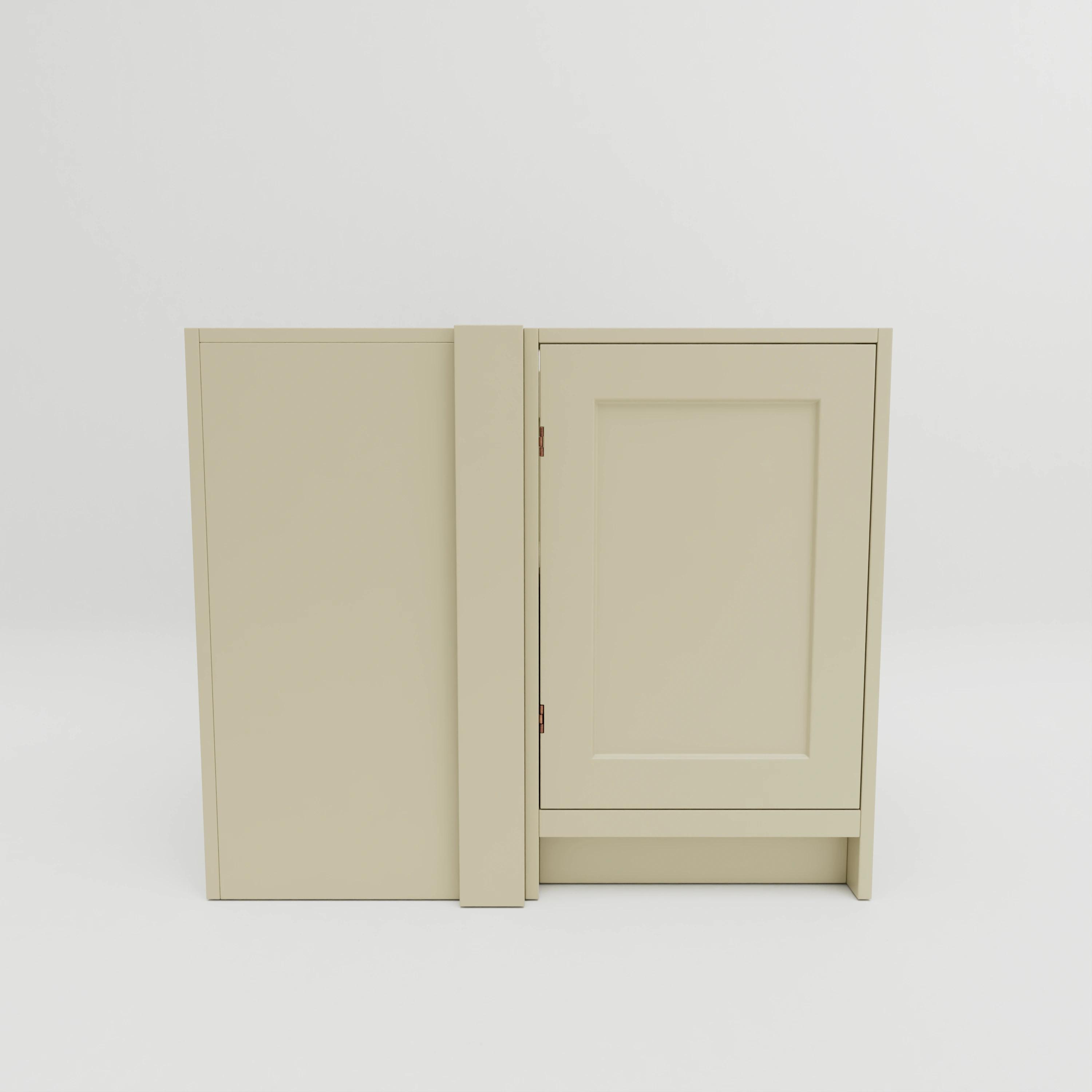 BCR: Corner base cupboard with one shelf. Exposed hinges. Door hung right.
