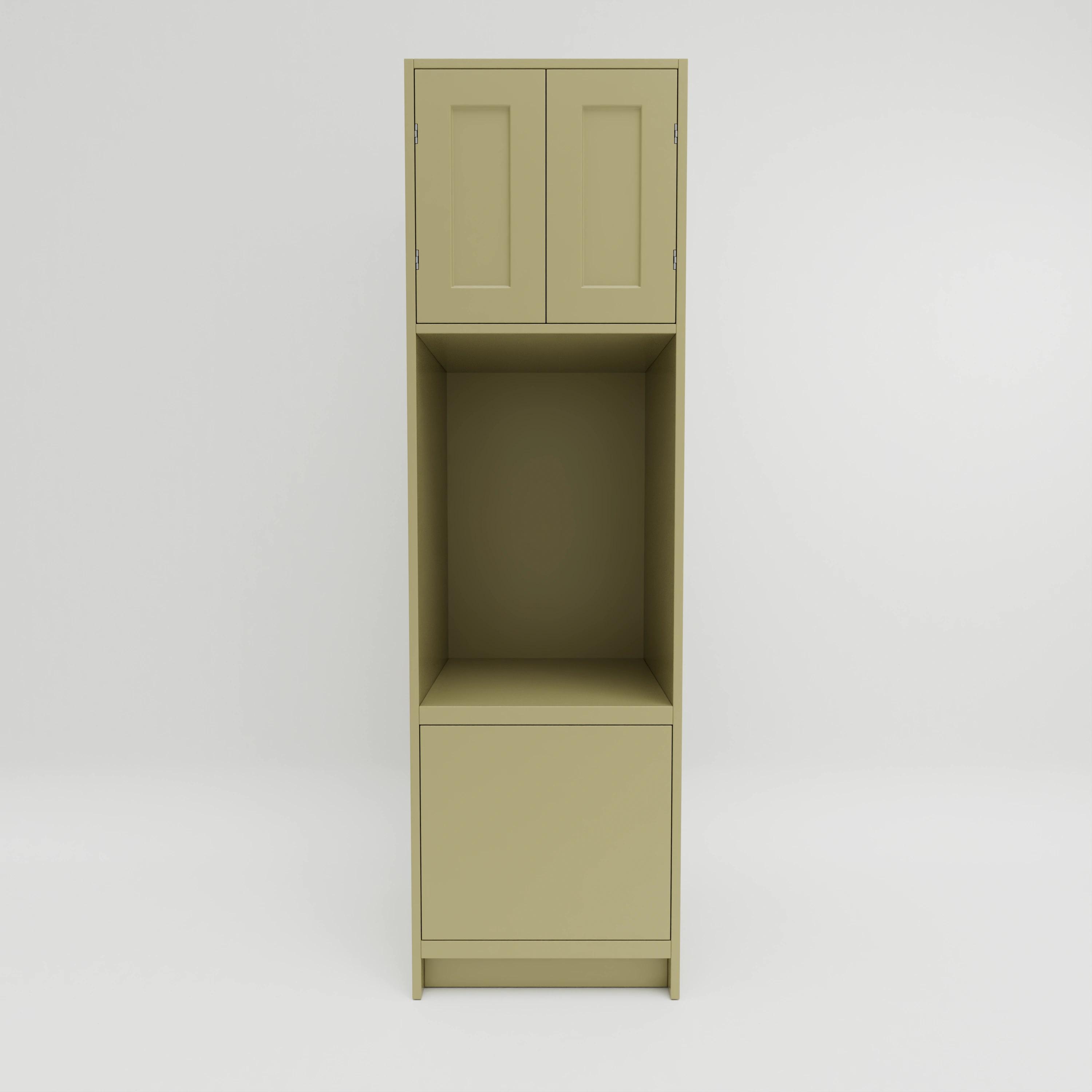T614W: Tall cupboard with laundry housing. One solid oak pull-out and one shelf. Double doors, exposed hinges.