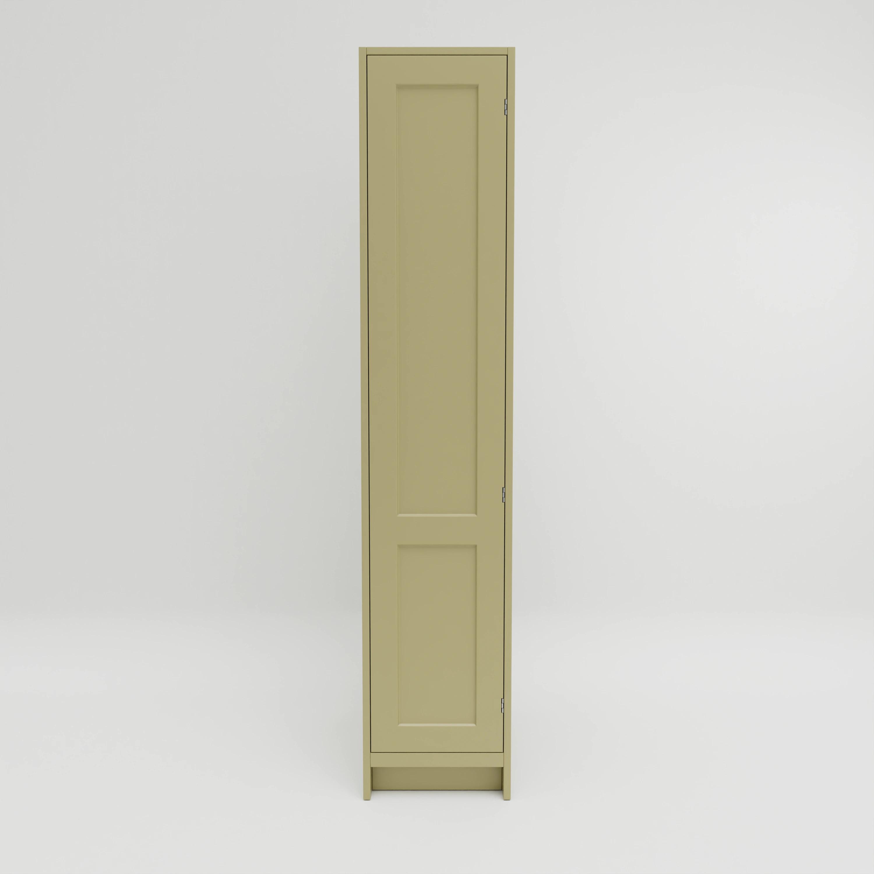 T431: Tall cupboard with three internal solid oak drawers and three shelves. Door hung right. Exposed hinges.