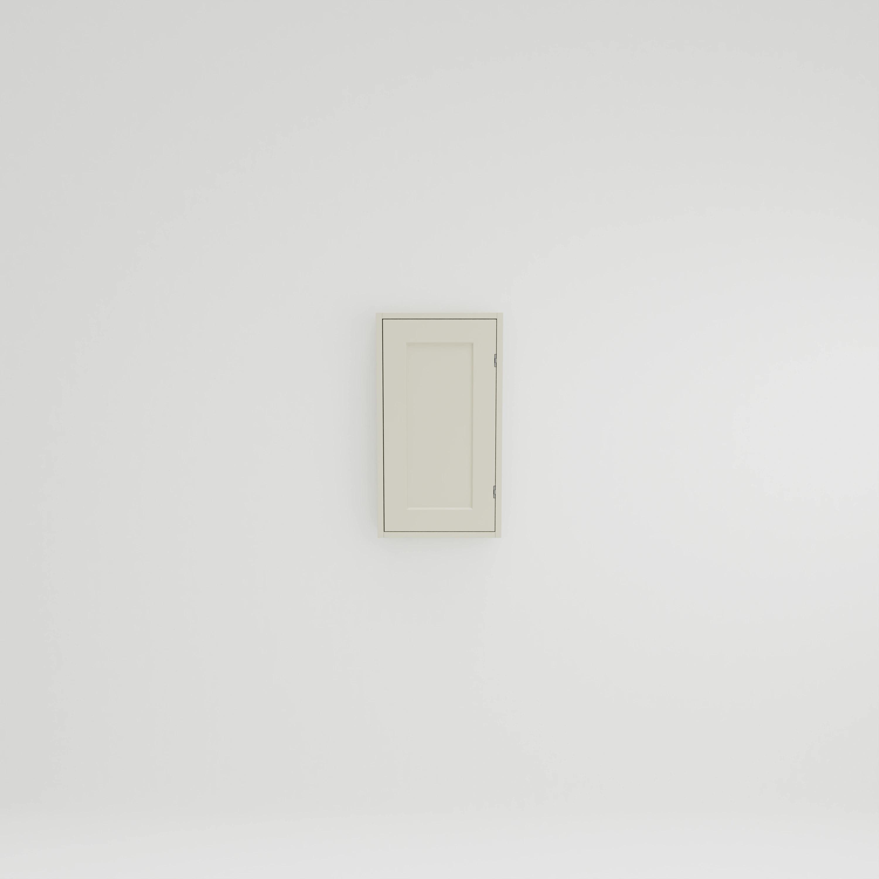 WB431: Wall cupboard for bathroom with two shelves. Exposed hinges. Door hung left.