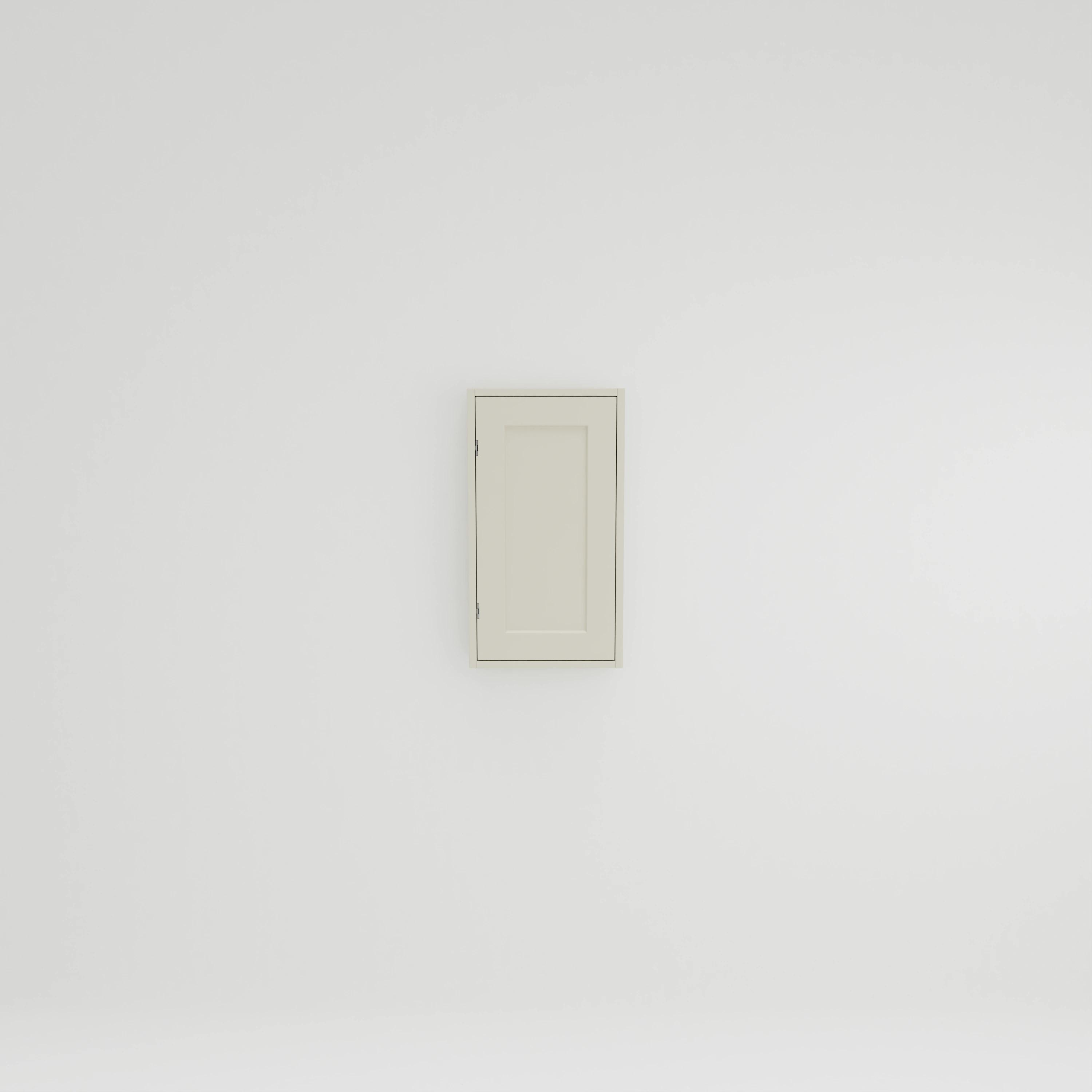 WB432: Wall cupboard for bathroom with two shelves. Exposed hinges. Door hung right.