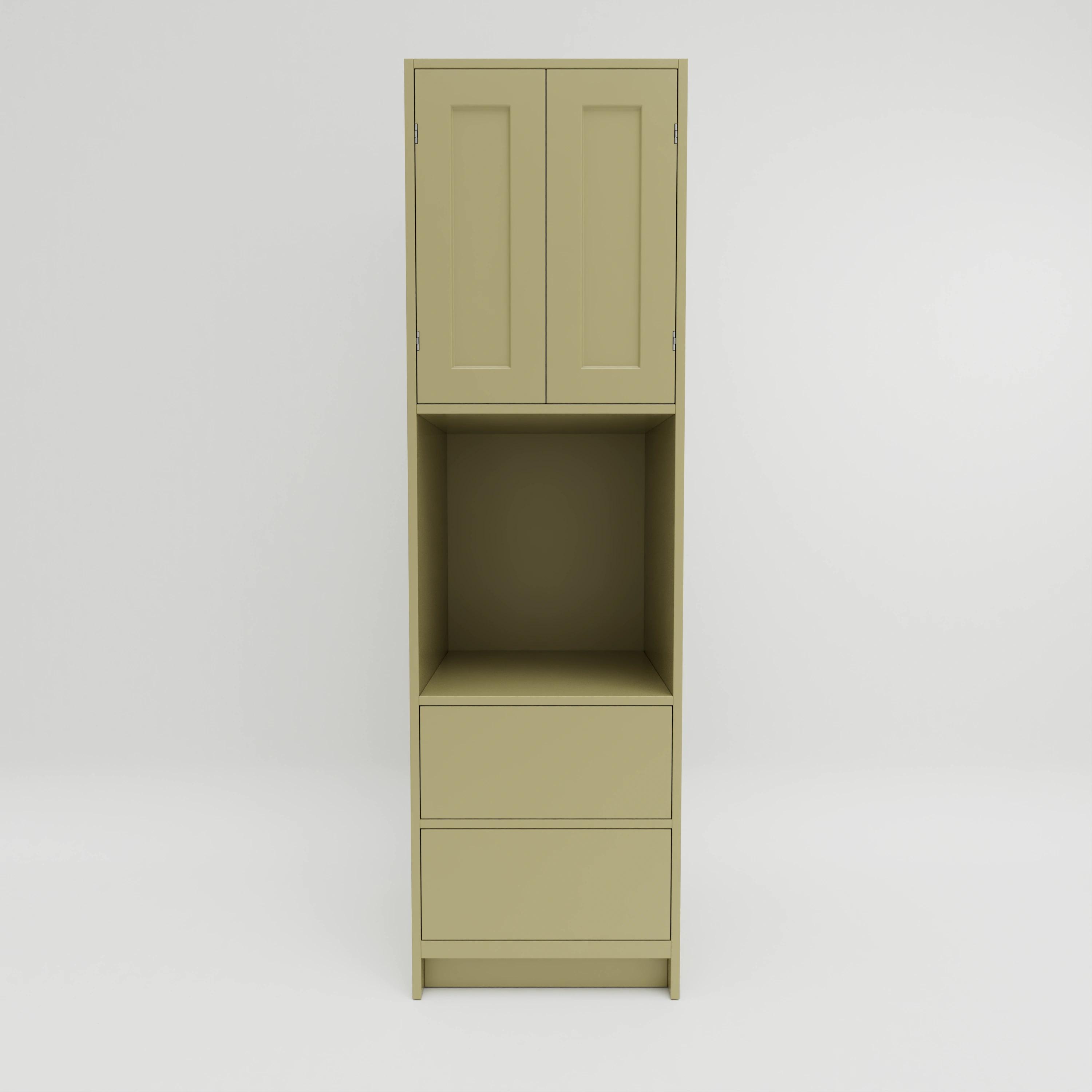 T614O: Tall cupboard with oven housing. Two solid oak drawers and one shelf. Double doors, exposed hinges.
