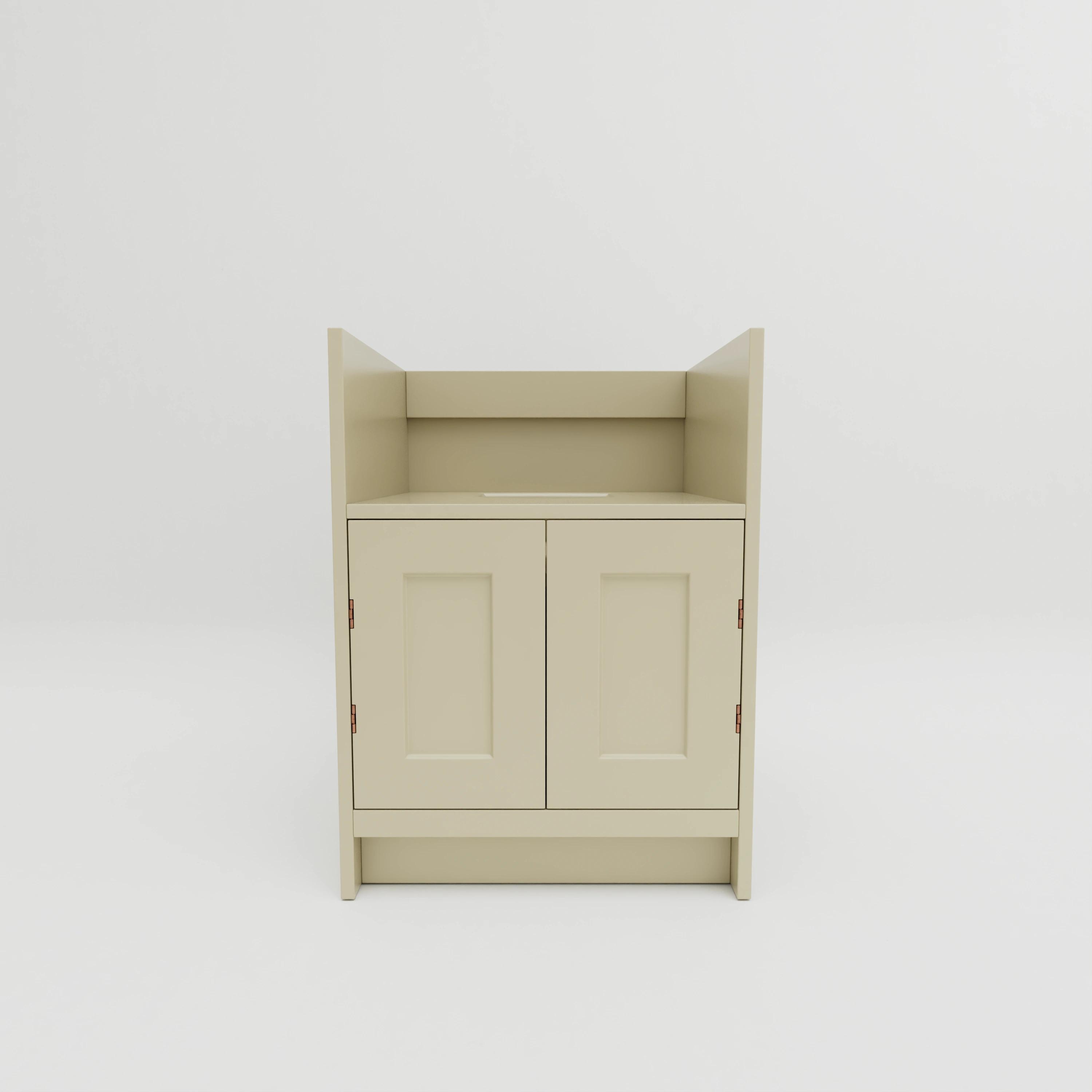 B61S: Base cupboard for exposed sink. Includes tray insert on lower shelf. Double doors, exposed hinges.