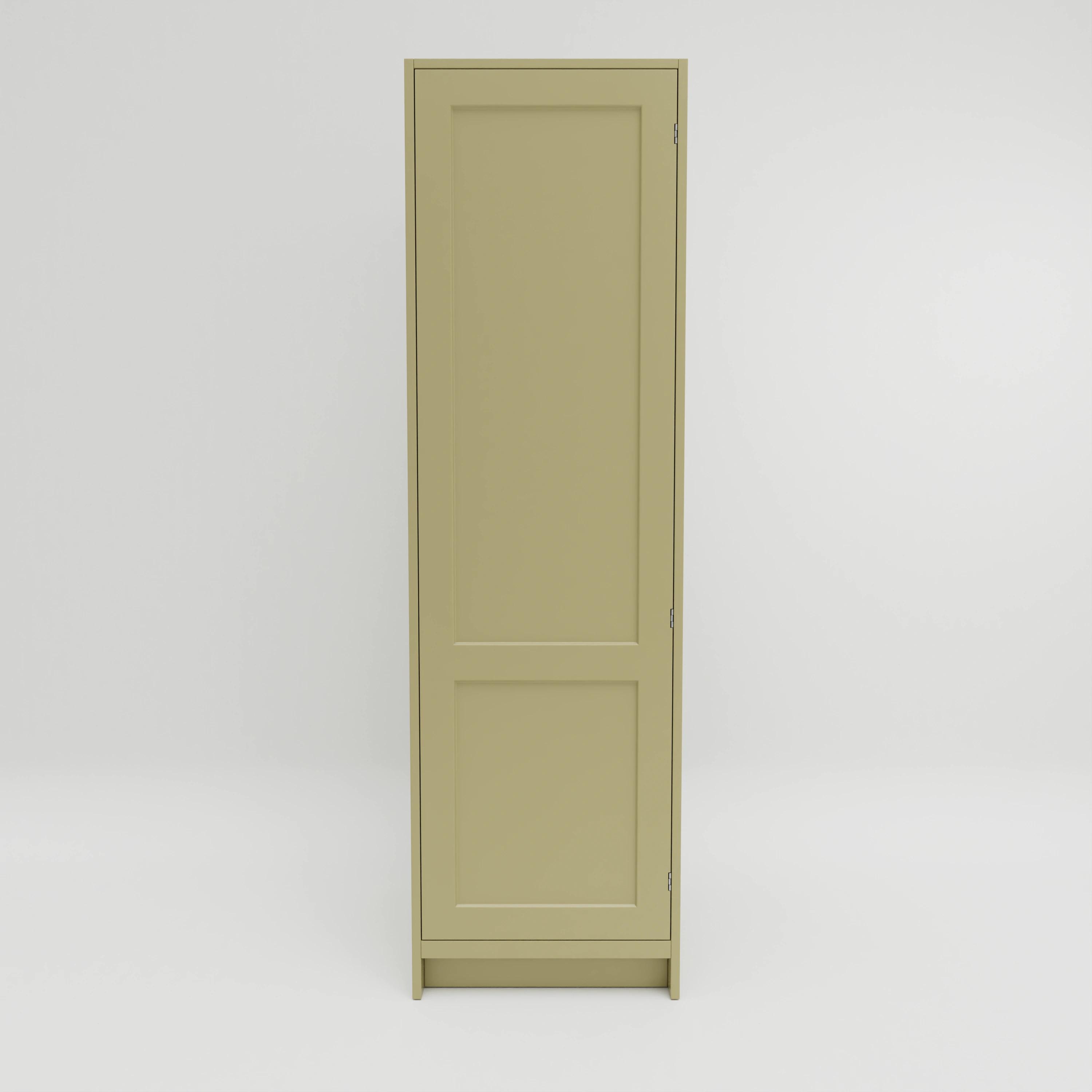 T631: Tall cupboard with three internal drawers and three shelves. Door hung right. Exposed hinges.