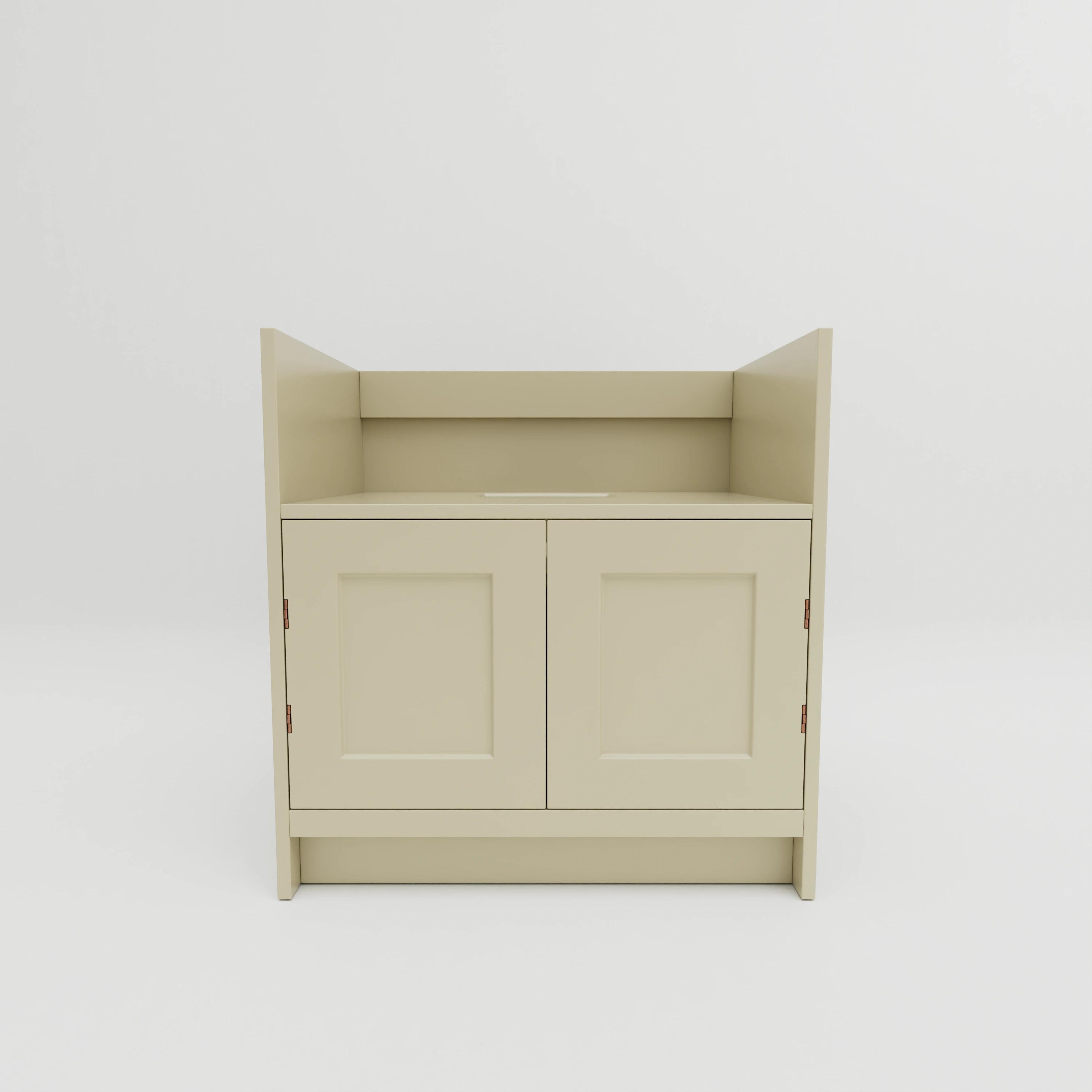 B81S: Base cupboard for exposed sink. Includes tray insert on lower shelf. Double doors, exposed hinges.