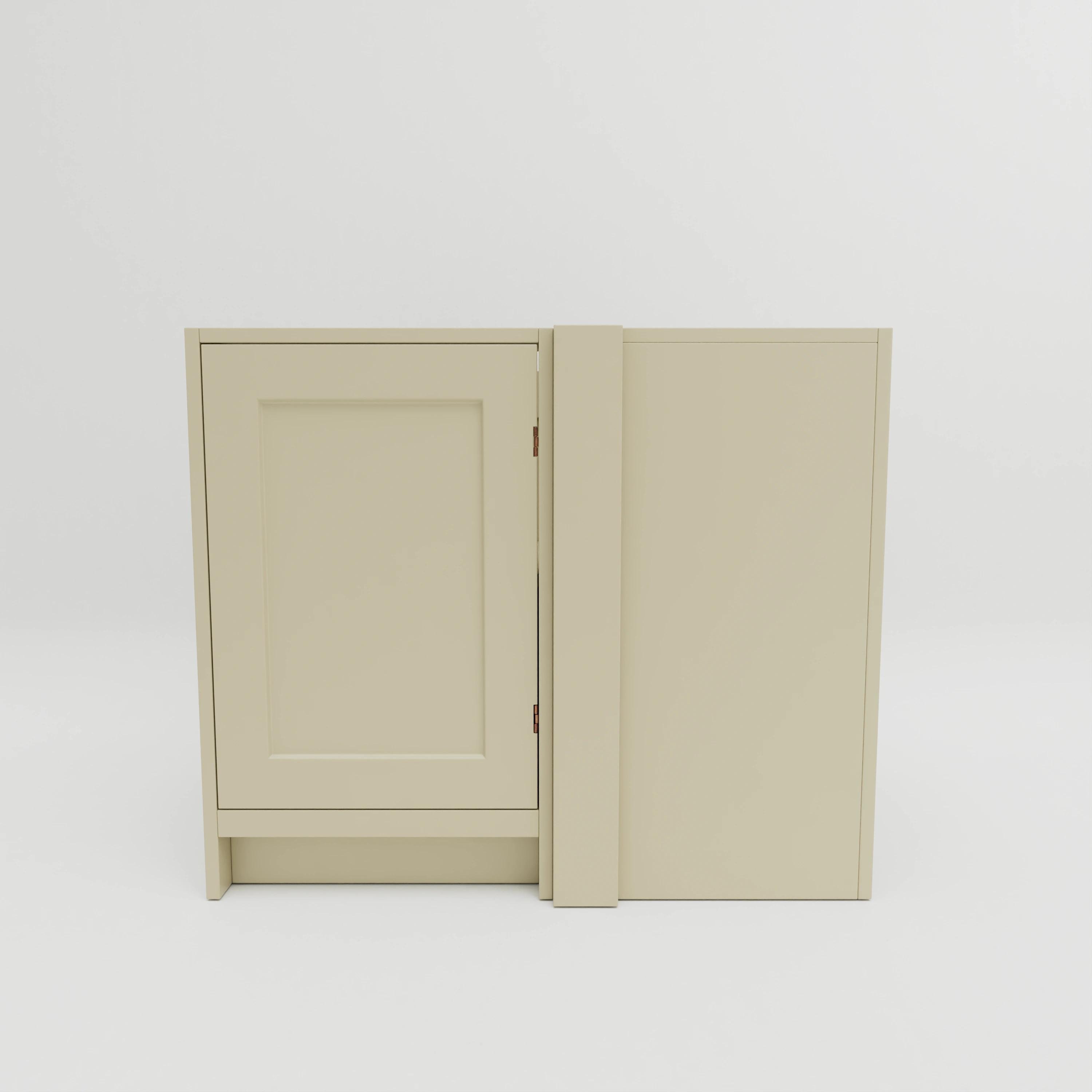 BCL: Corner base cupboard with one shelf. Exposed hinges. Door hung left.