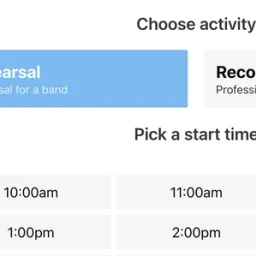 Activity selection with Rehearsal and Recording options above a time-slot picker