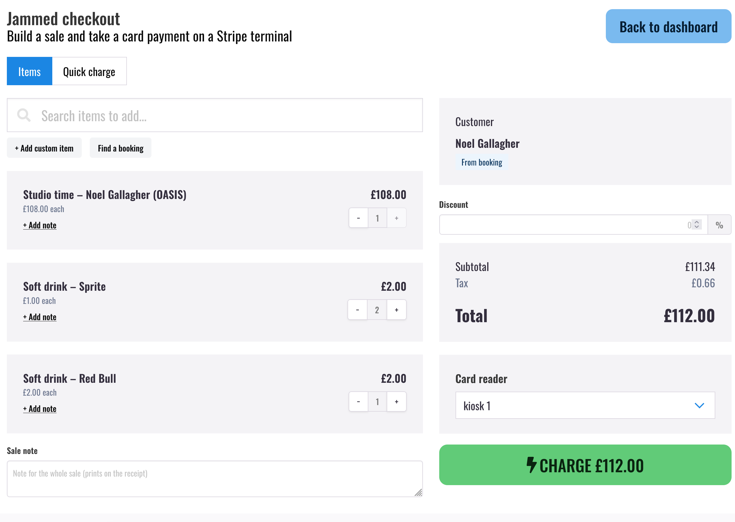 Building a sale in the Jammed checkout, with items, a customer from a booking and a card reader selected