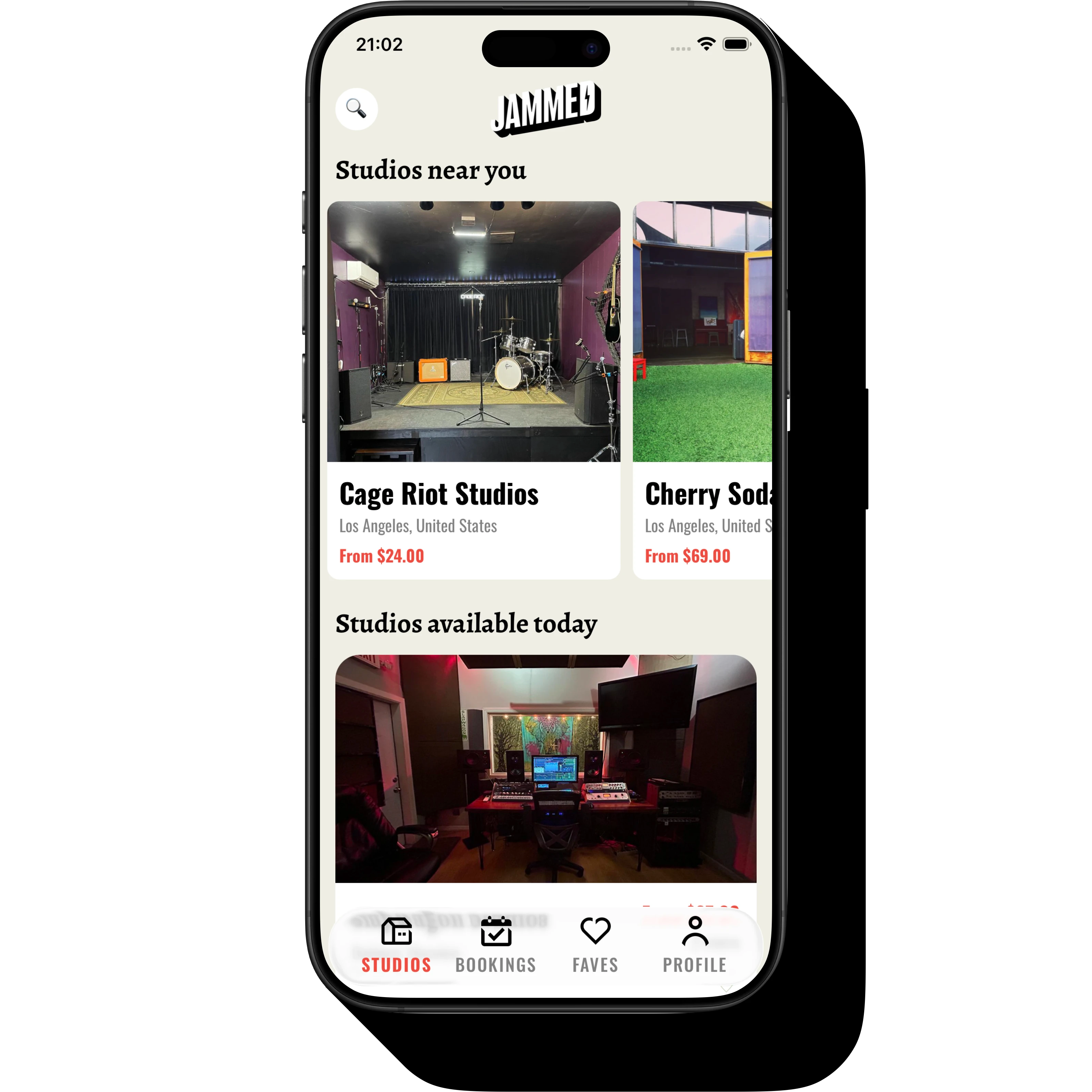 Phone showing studios in LA, available today and tomorrow