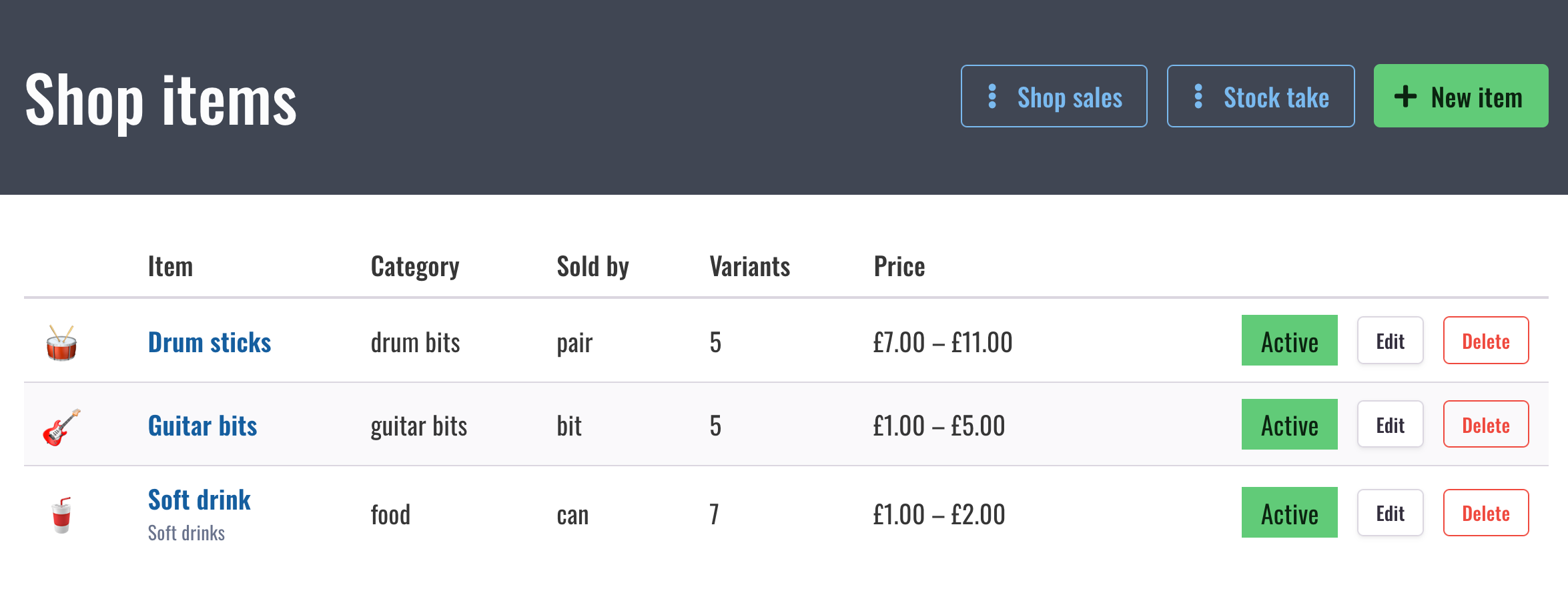 The shop items list, with stock take, shop sales and new item buttons