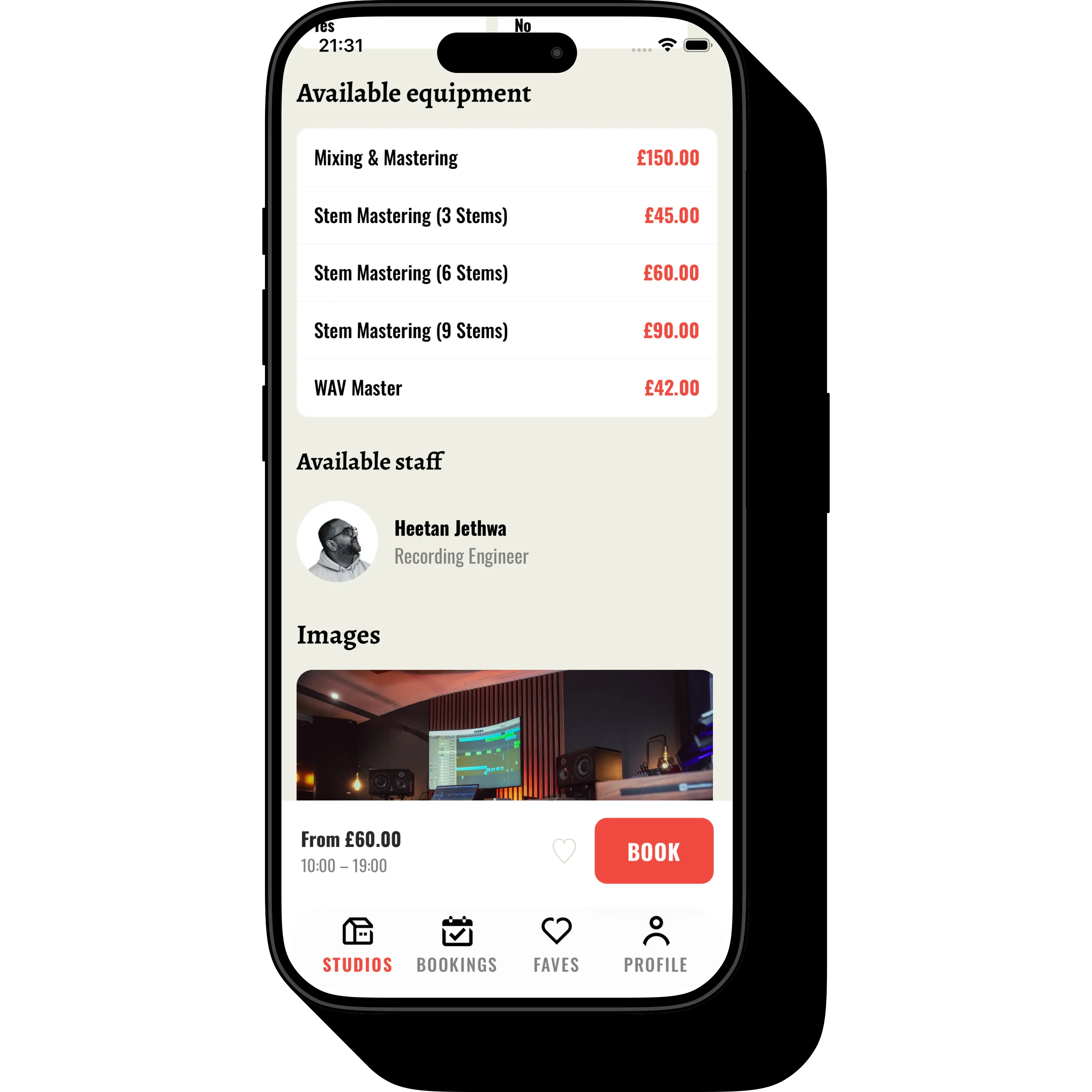 Phone showing 'Available equipment' like stem mastering, and staff for hire
