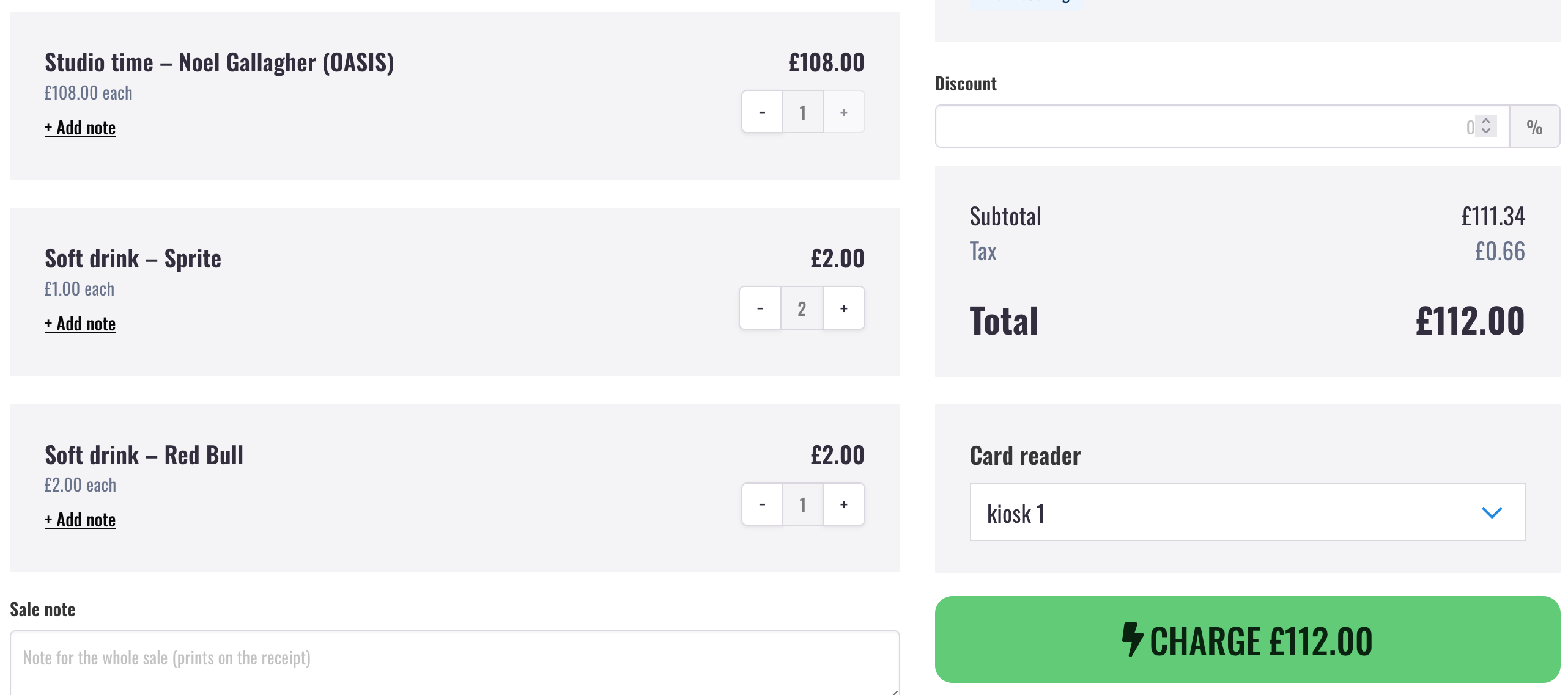 A running tab with studio time and drinks, ready to charge in one go