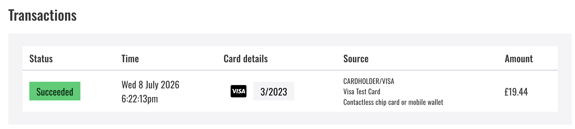 A successful contactless card transaction recorded in Jammed