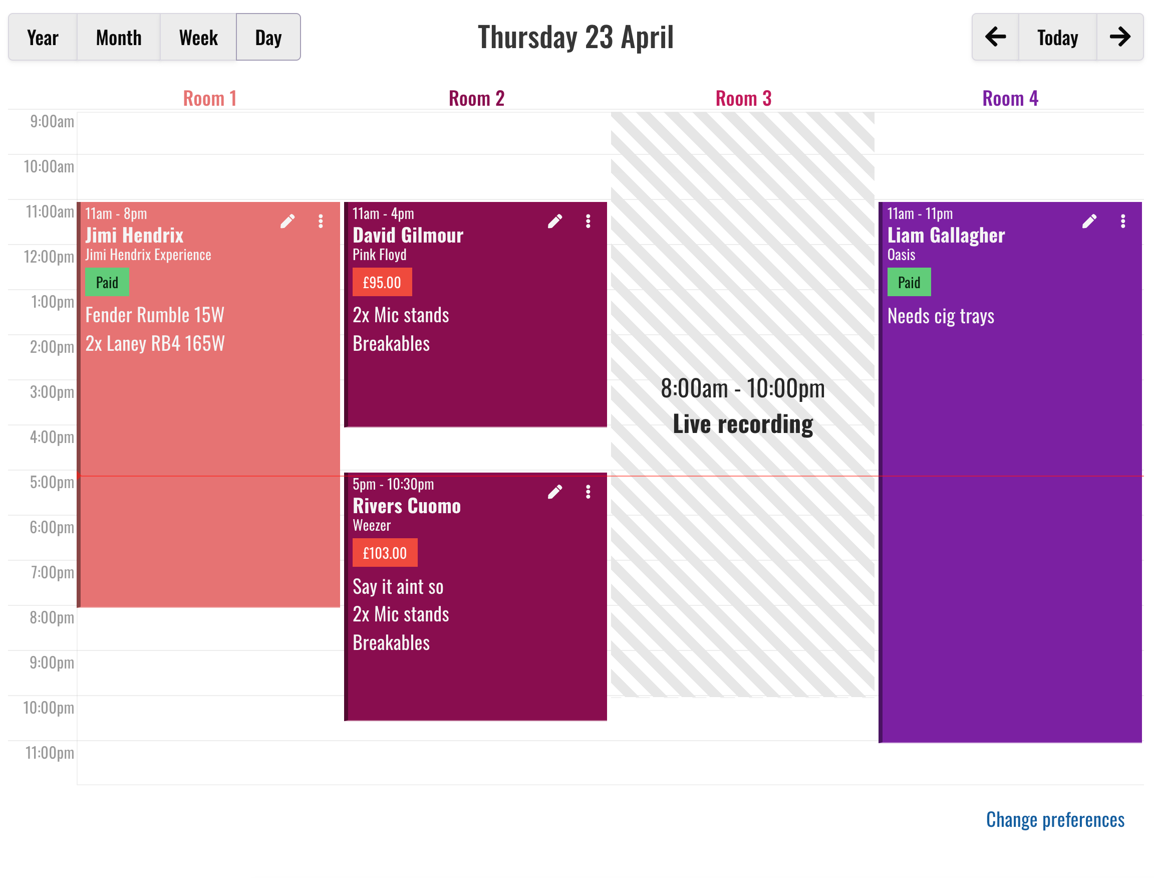 Jammed.app dashboard showing colour blocks for each room booking