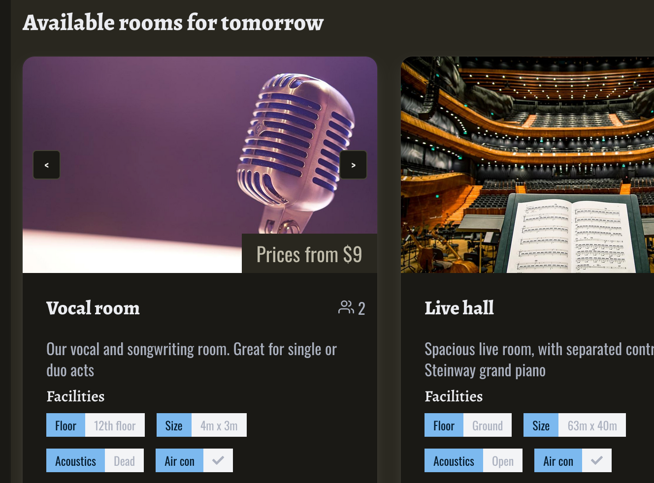 Public booking page showing available rooms tomorrow with prices, photos and facilities