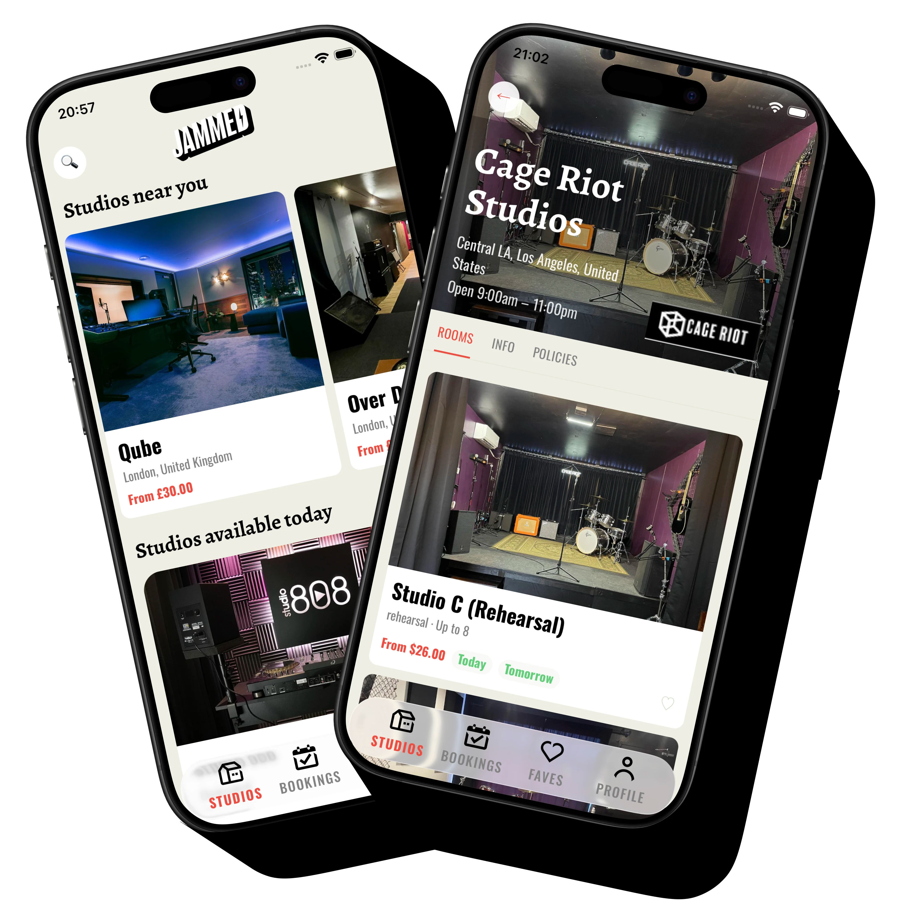 Two phones, one showing London studios, the other showing an LA studio