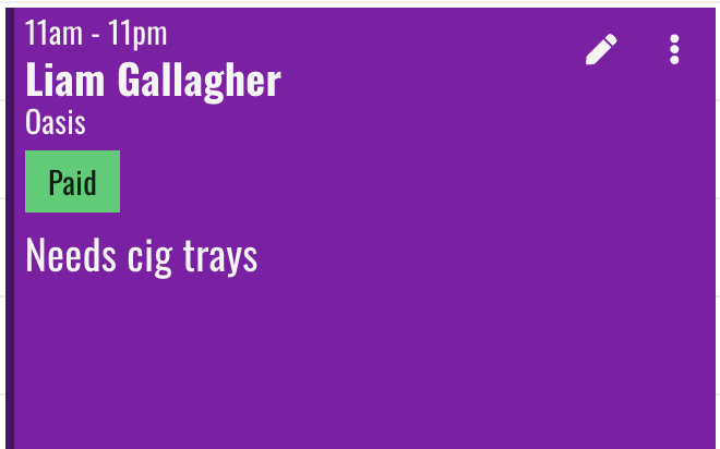 Liam Gallagher booking, with 'Needs cigarrette trays' in studio notes for other staff members