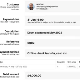 Payment request form, asking for details about the customer & line item amounts