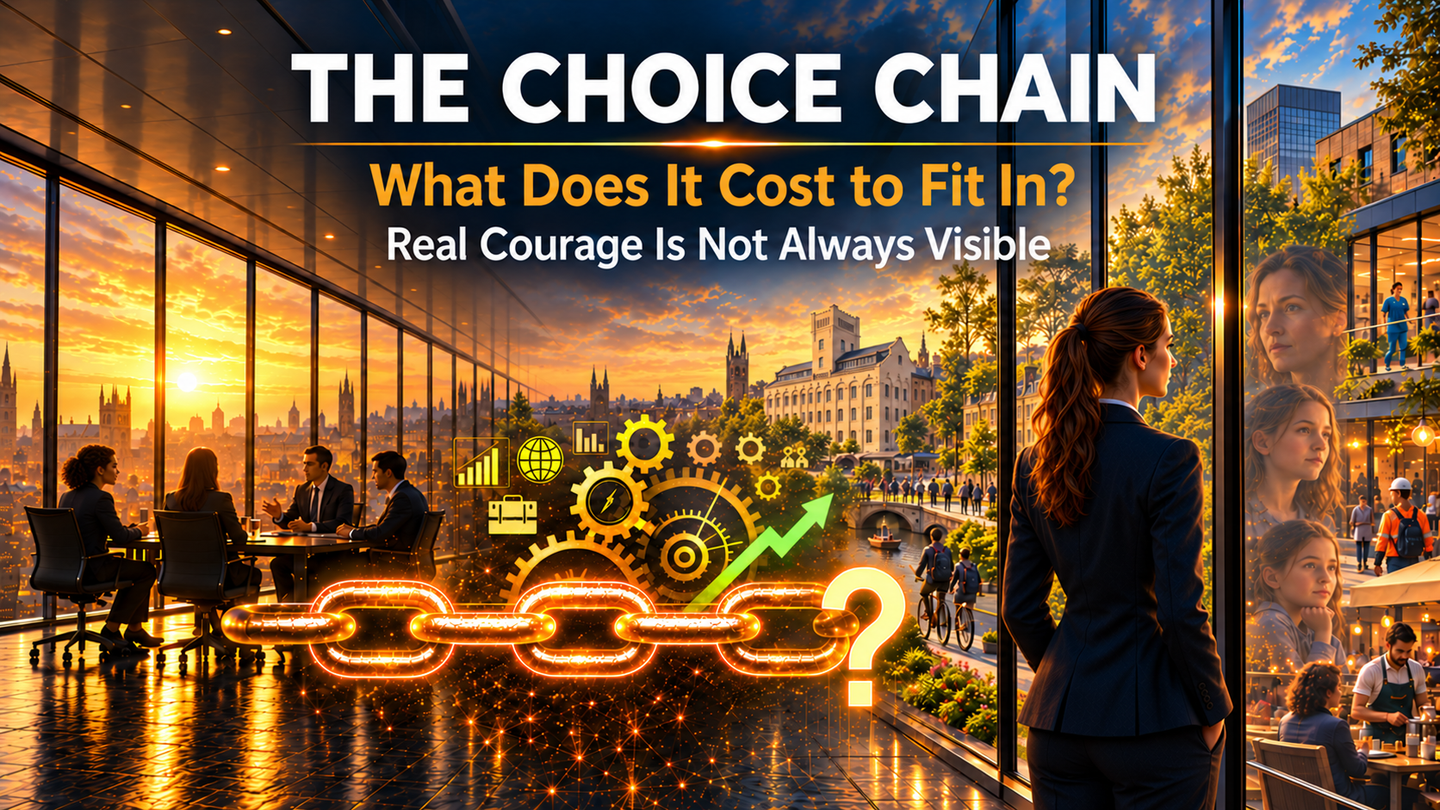 The Choice Chain: What Does It Cost to Fit In? A woman in a navy suit faces reflections of herself at different ages. A golden chain connects a diverse boardroom with scenes of community and working life.