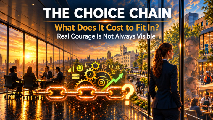 The Choice Chain: What Does It Cost to Fit In? A woman in a navy suit faces reflections of herself at different ages. A golden chain connects a diverse boardroom with scenes of community and working life.
