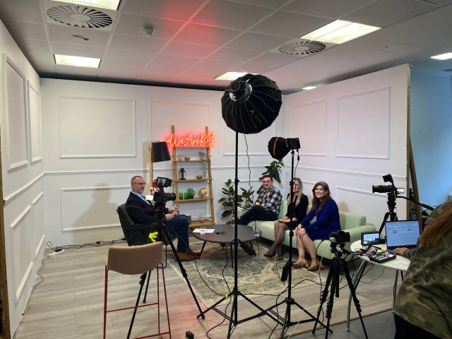 Louise Hosking taking part in a filmed studio discussion