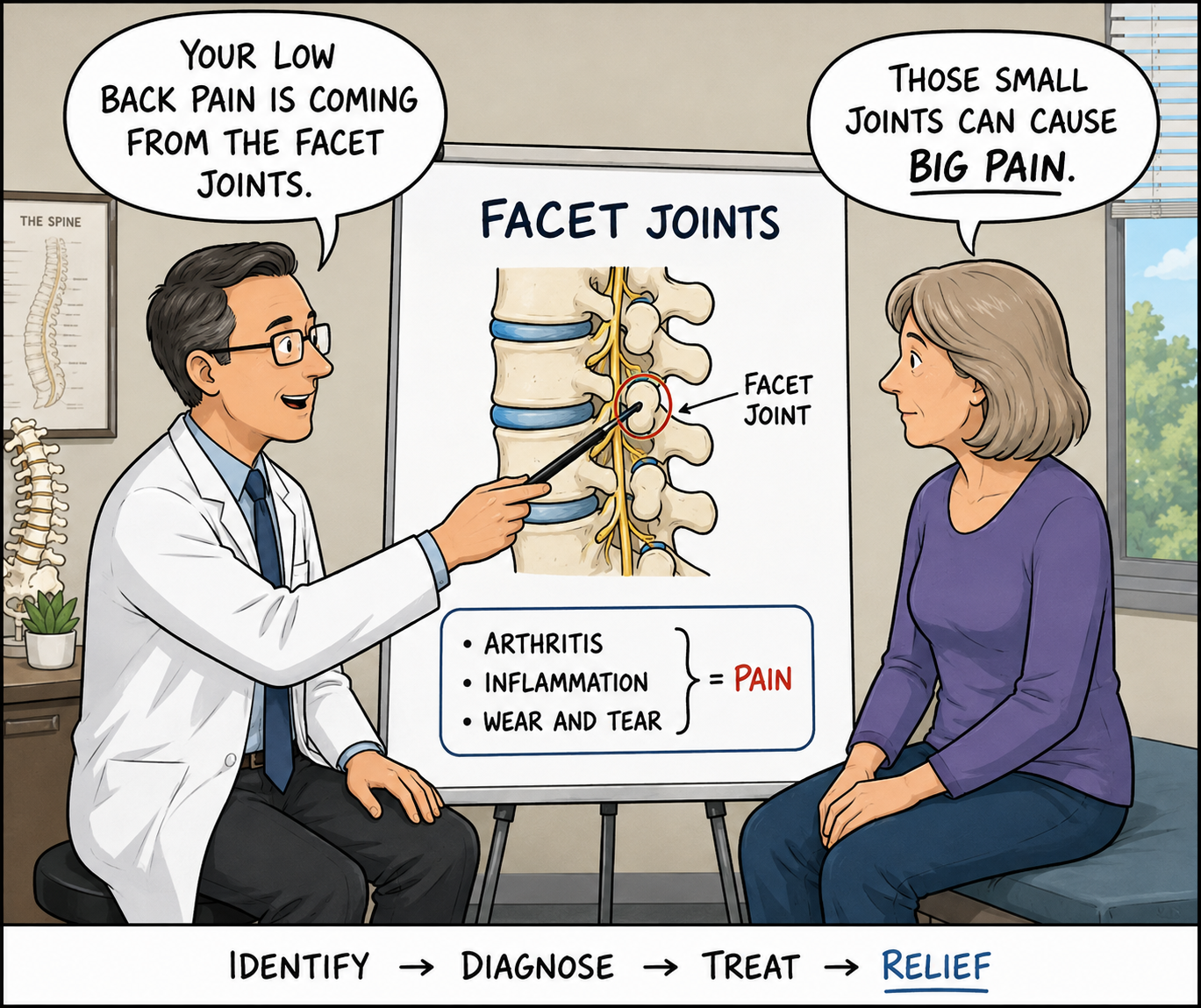 Facet joints, a common source of chronic back and neck pain.