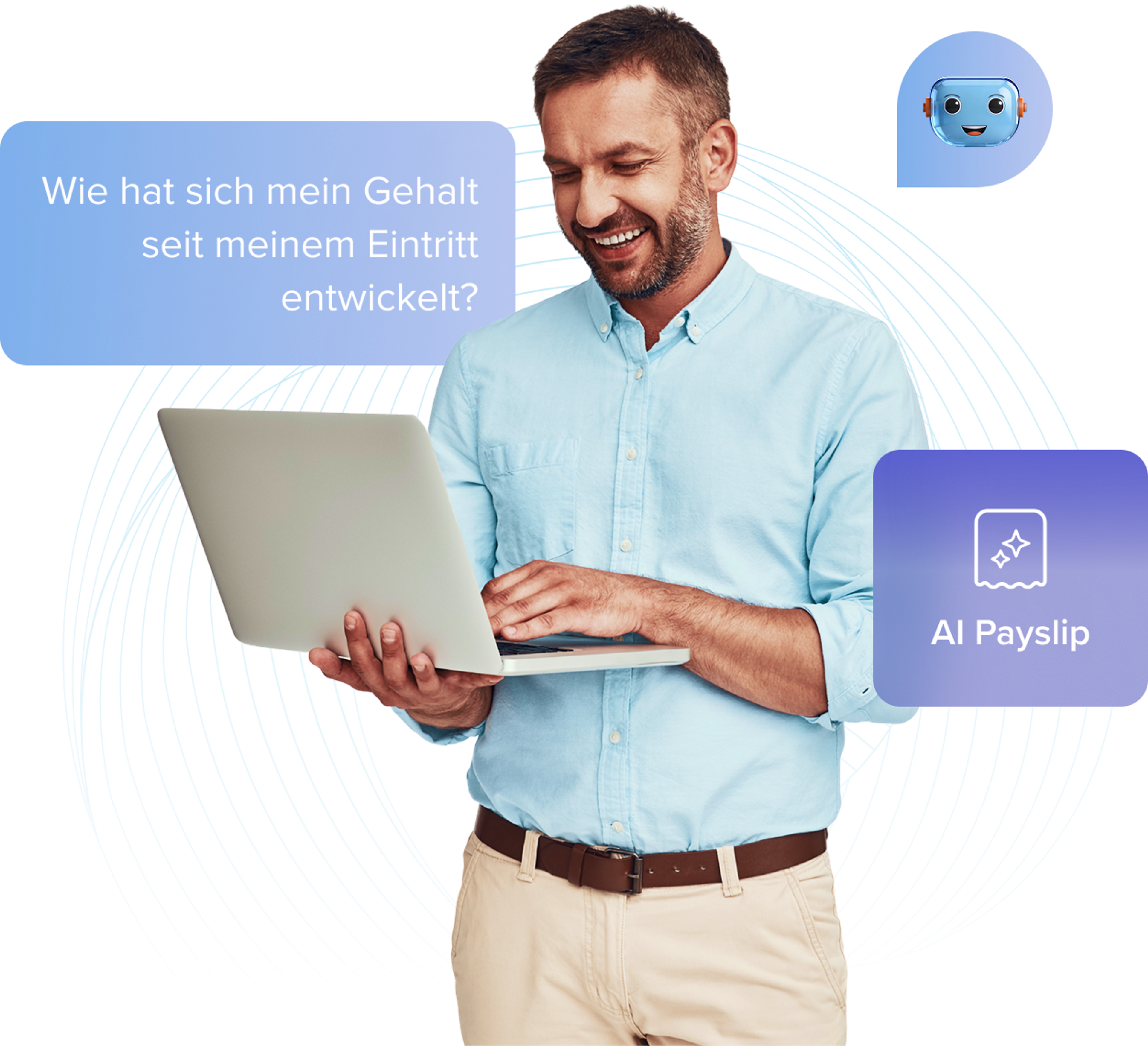 Mann am Laptop nutzt die KI-Entgeltabrechnung für Fragen zu seiner Gehaltsentwicklung.