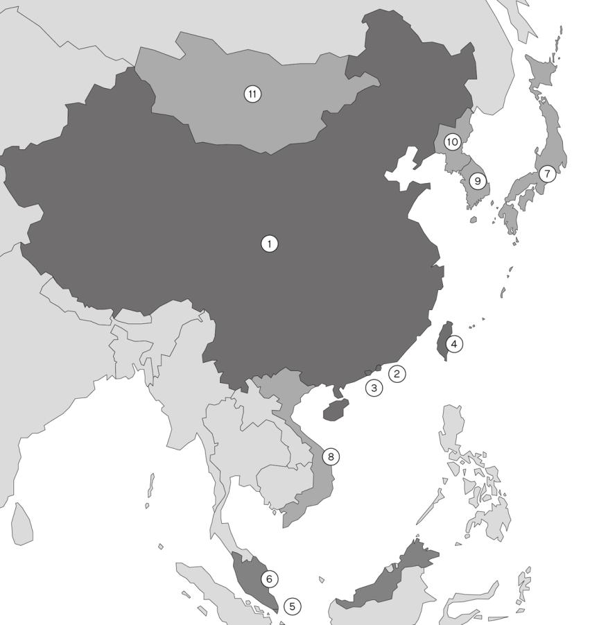 Map with Asian countries using or have used Chinese characters.