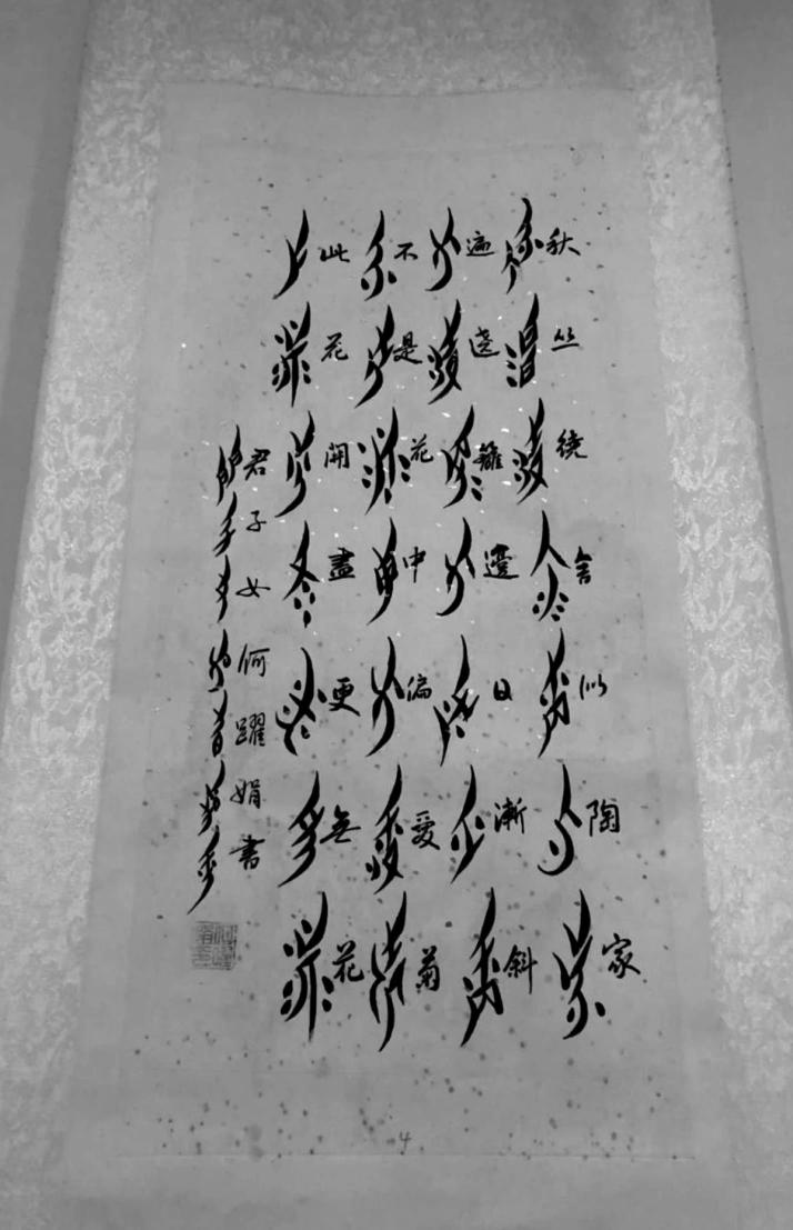 Photo of a calligraphy scrool in Nüshu script, with translation in Chinese.