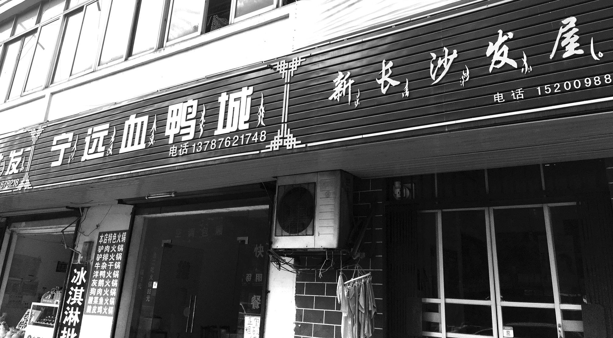Picture of shop signs in Jiangyong city with Chinese names and their corresponding Nüshu characters.