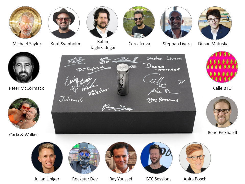 For the HRF: Seedor Set with two safes signed by Michael Saylor, Anita Posch, Adam Back, Evan Kaloudis, Pavol Rusnak and many more!