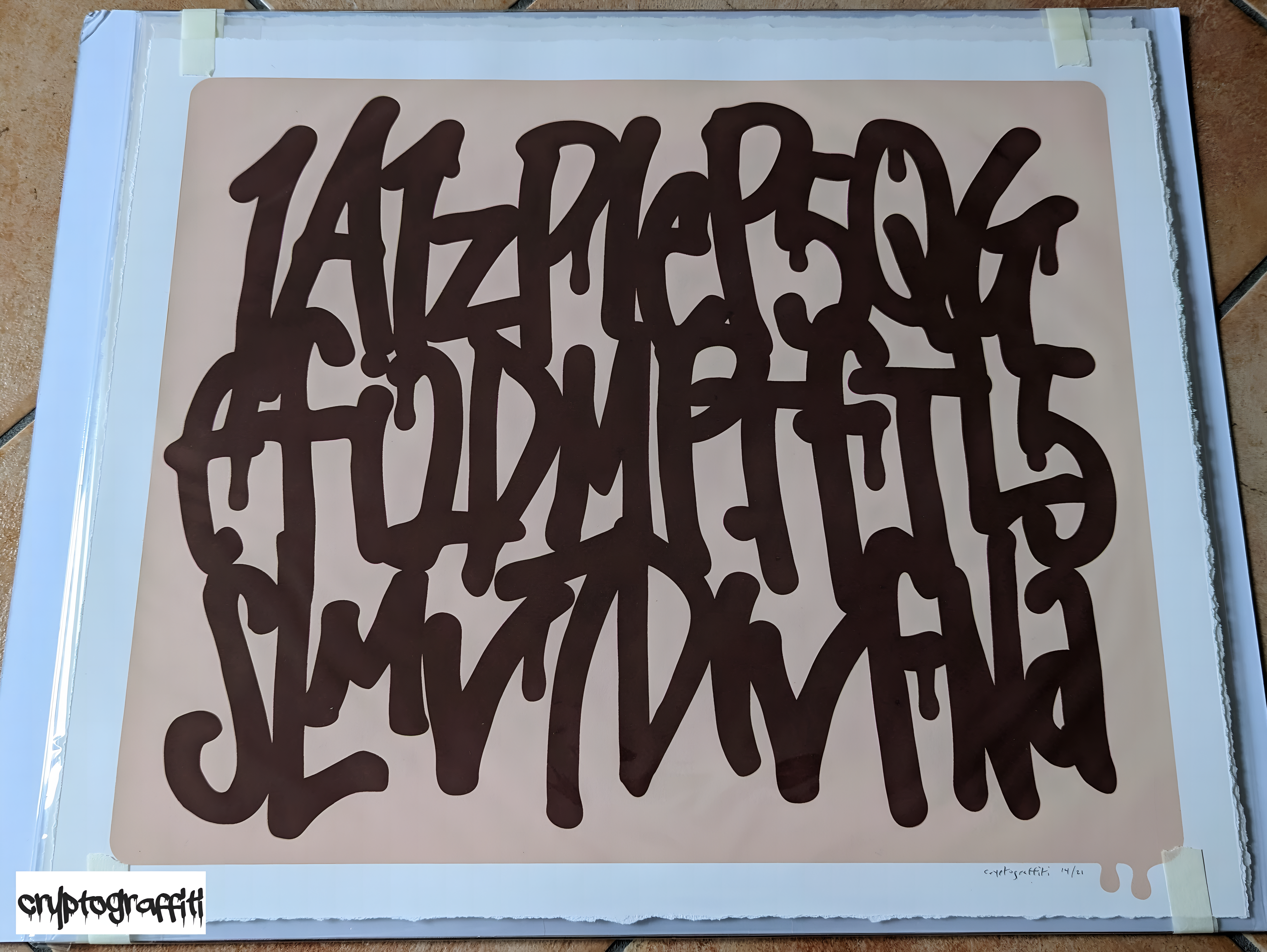 cryptograffiti - "Genesis Address" 3-line print (AR-enabled), #14/21 signed, maroon+rose