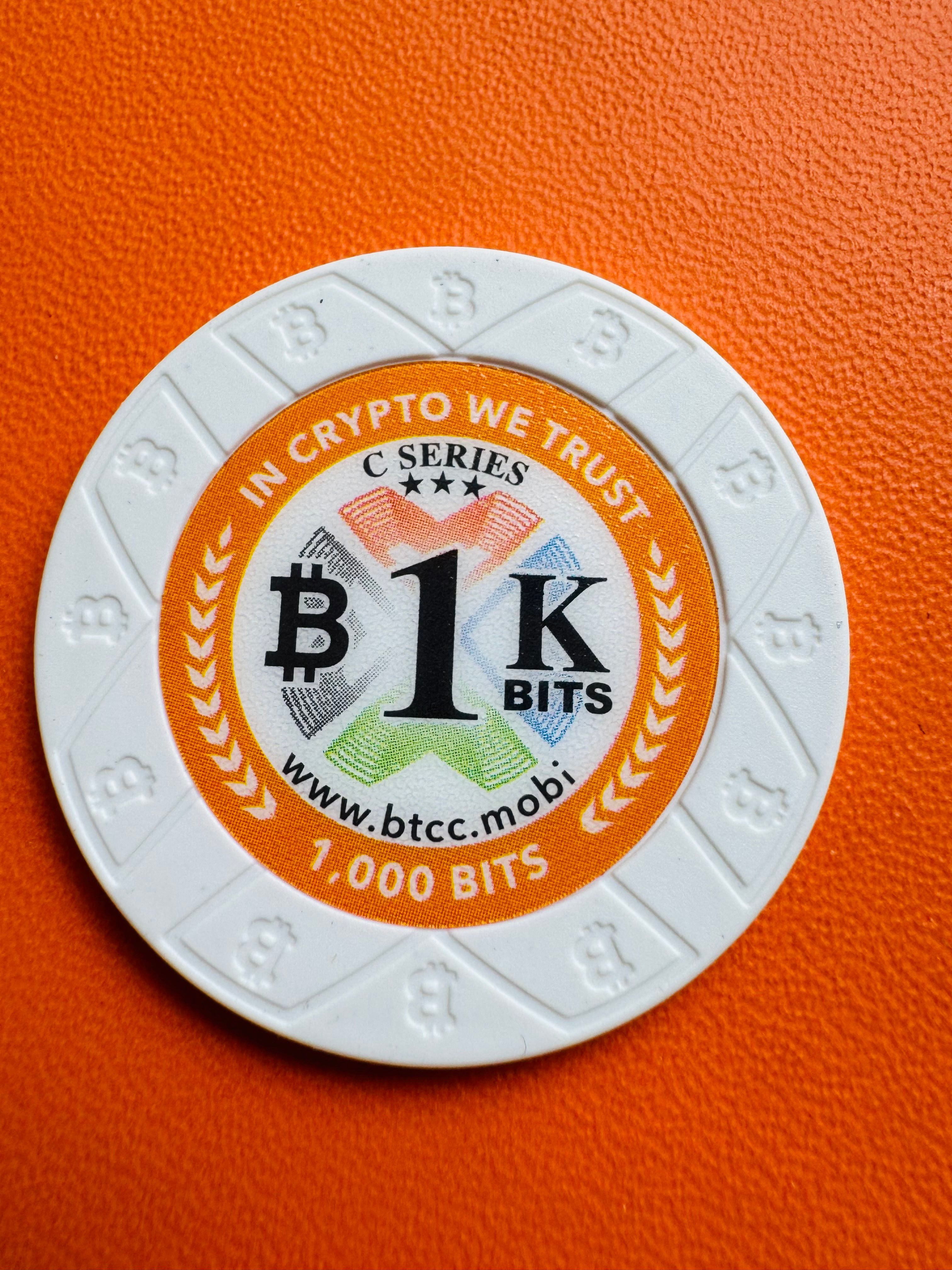 BTCC Mint Poker Chip funded with 0.001 btc or 1k bits physical bitcoin