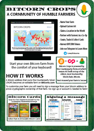 CORNSHEET Physical Printed Bitcorns "Sell Sheet" w/ Token + Starter Farm