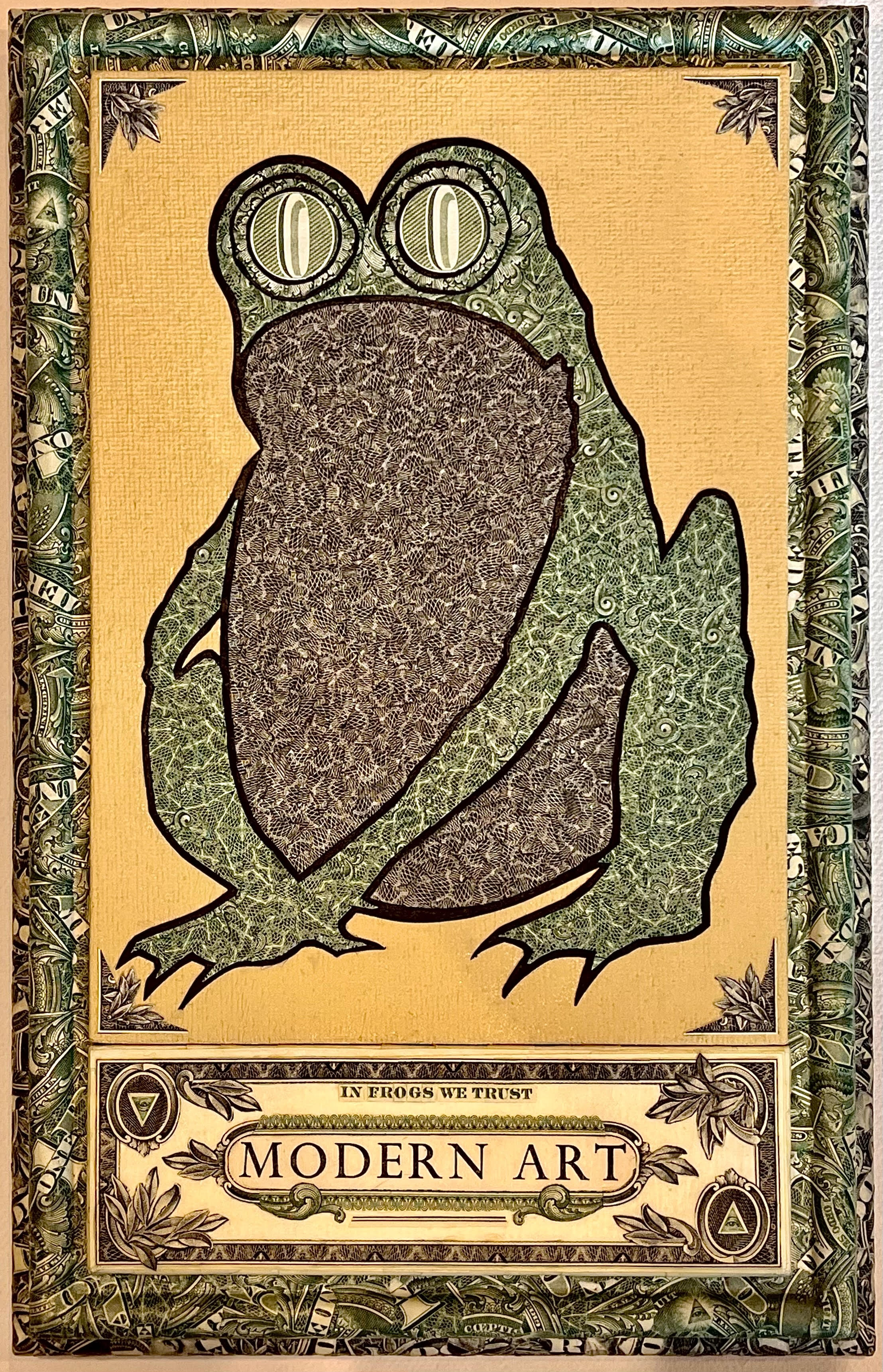 GREENBACKFKR (In Frogs We Trust), Mixed Media Collage / Handmade Frame + 1/21 GREENBACKFKR Digital Fake Rare Token