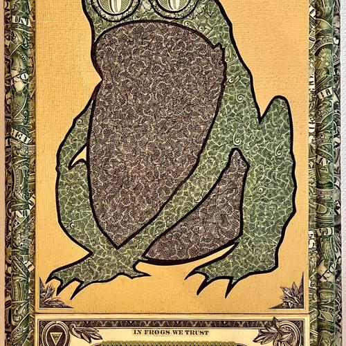 GREENBACKFKR (In Frogs We Trust), Mixed Media Collage / Handmade Frame + 1/21 GREENBACKFKR Digital Fake Rare Token