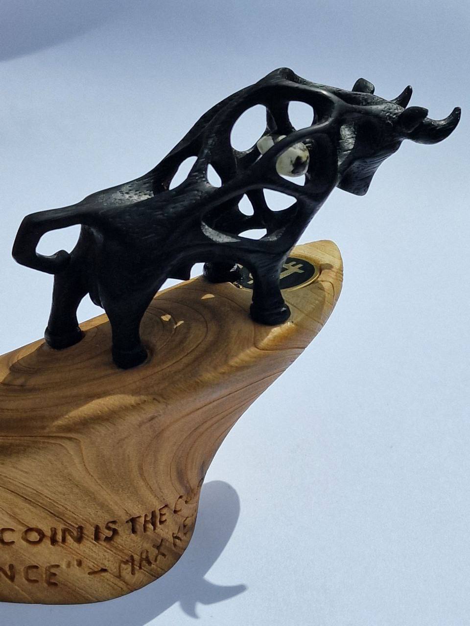 "Bullish on Bitcoin" 1/1 hand carved statue by WoodPecker