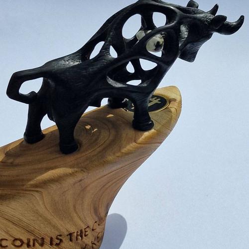 "Bullish on Bitcoin" 1/1 hand carved statue by WoodPecker