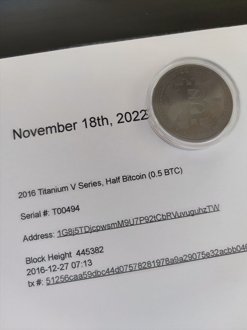 2016 Titanium V Series BTCC, Half Bitcoin (0.5 BTC)