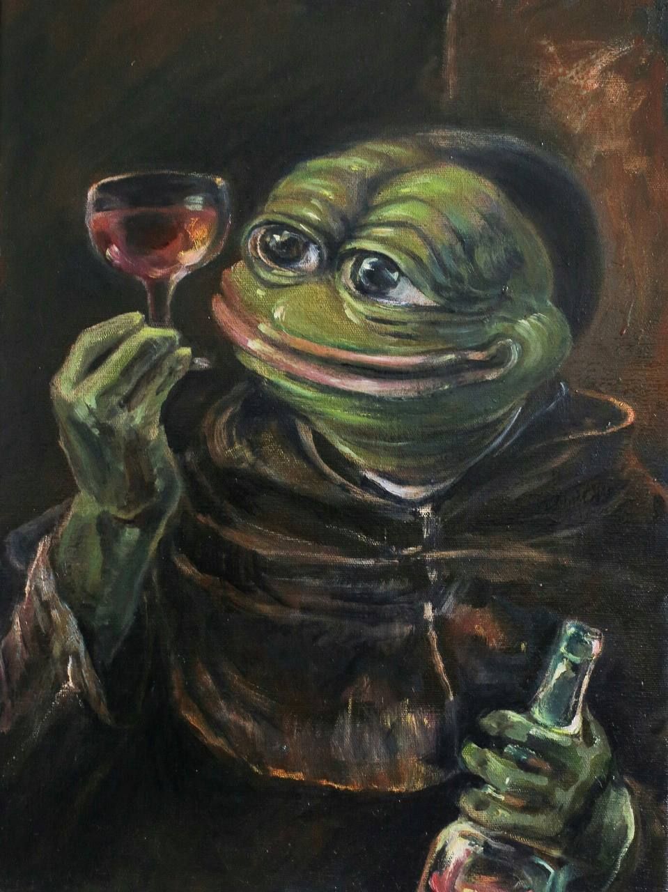 Pepe Monk with a Wine Glass (Pepelangelo, oil on canvas, 2017)